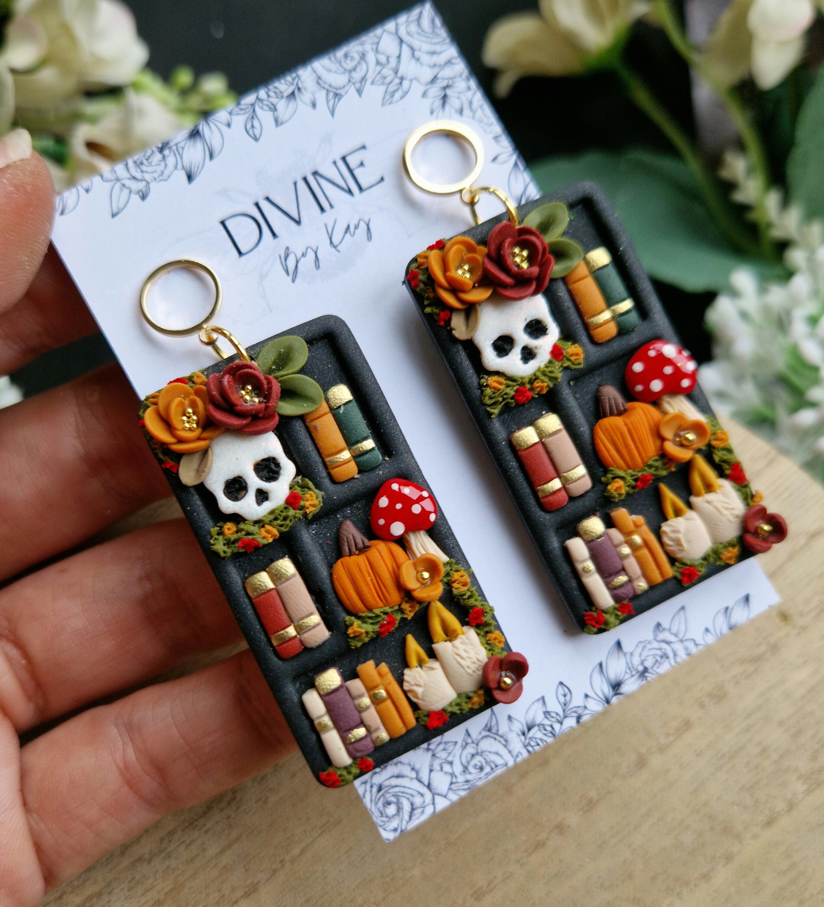 Spooky Halloween Book Earrings: Clay Bookshelf Earrings