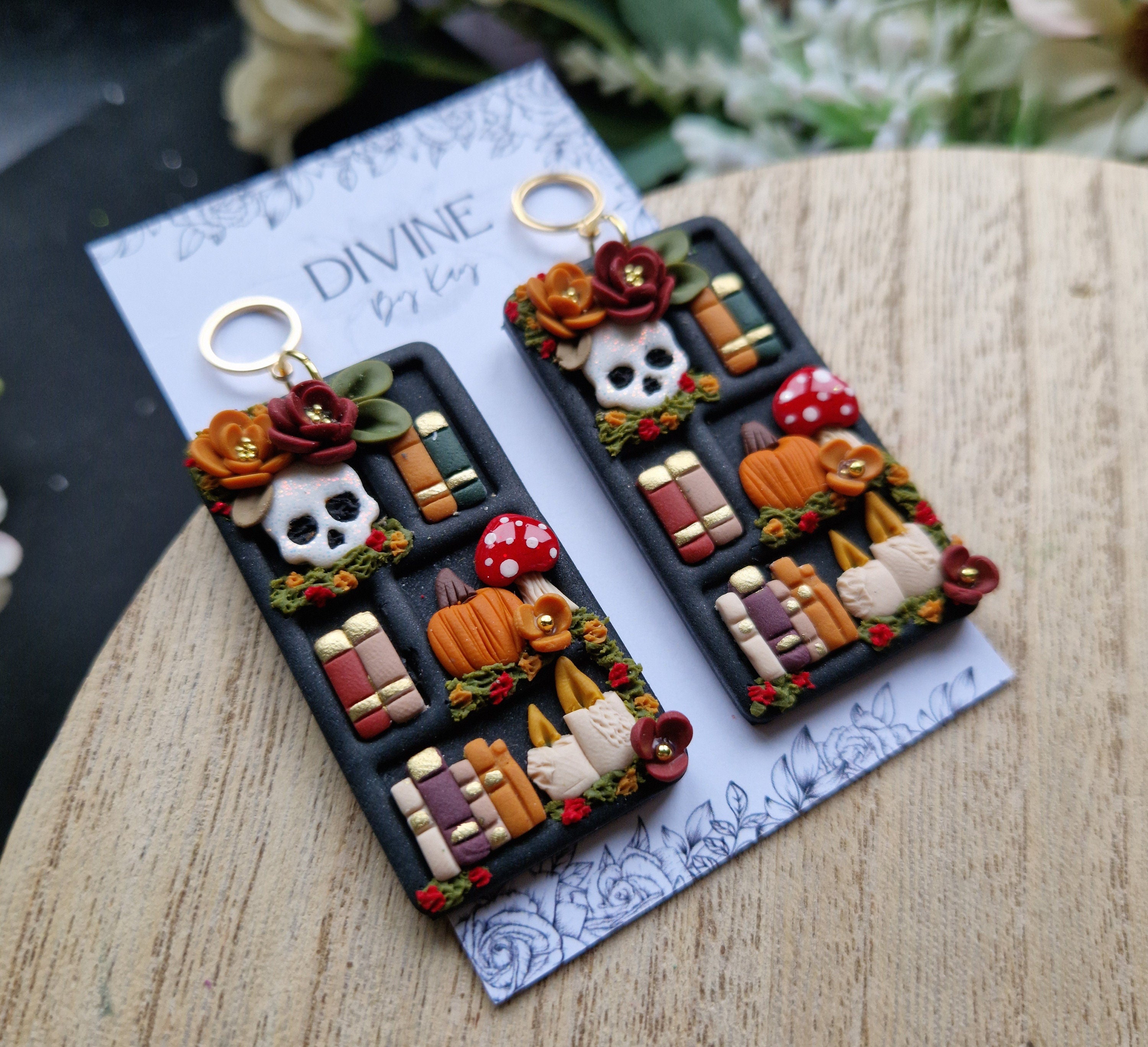 Spooky Halloween Book Earrings: Clay Bookshelf Earrings