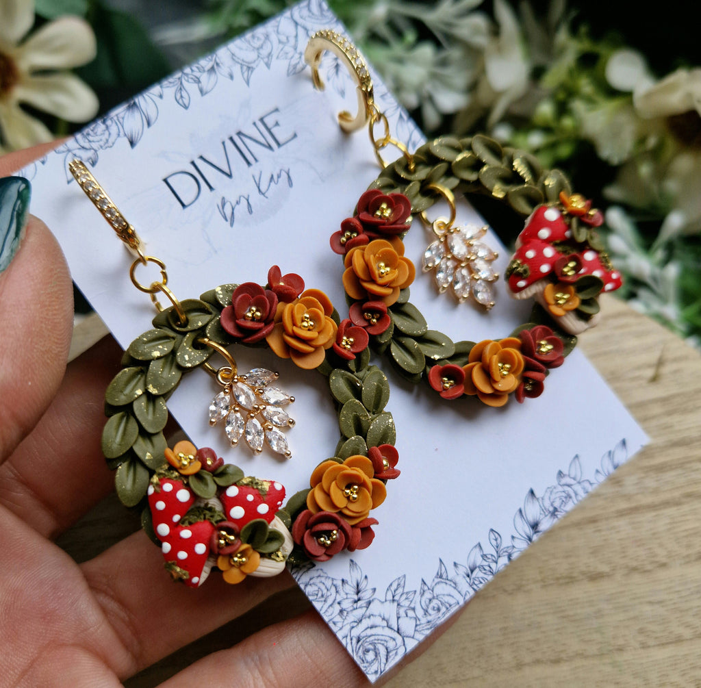 Mushroom Wreath Earrings: Clay Fairycore Jewelry with CZ Charm