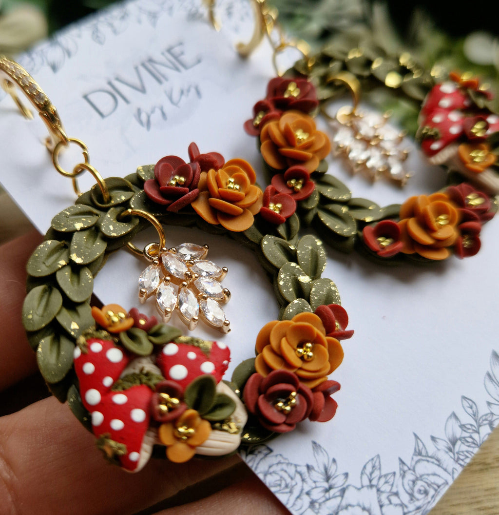 Mushroom Wreath Earrings: Clay Fairycore Jewelry with CZ Charm