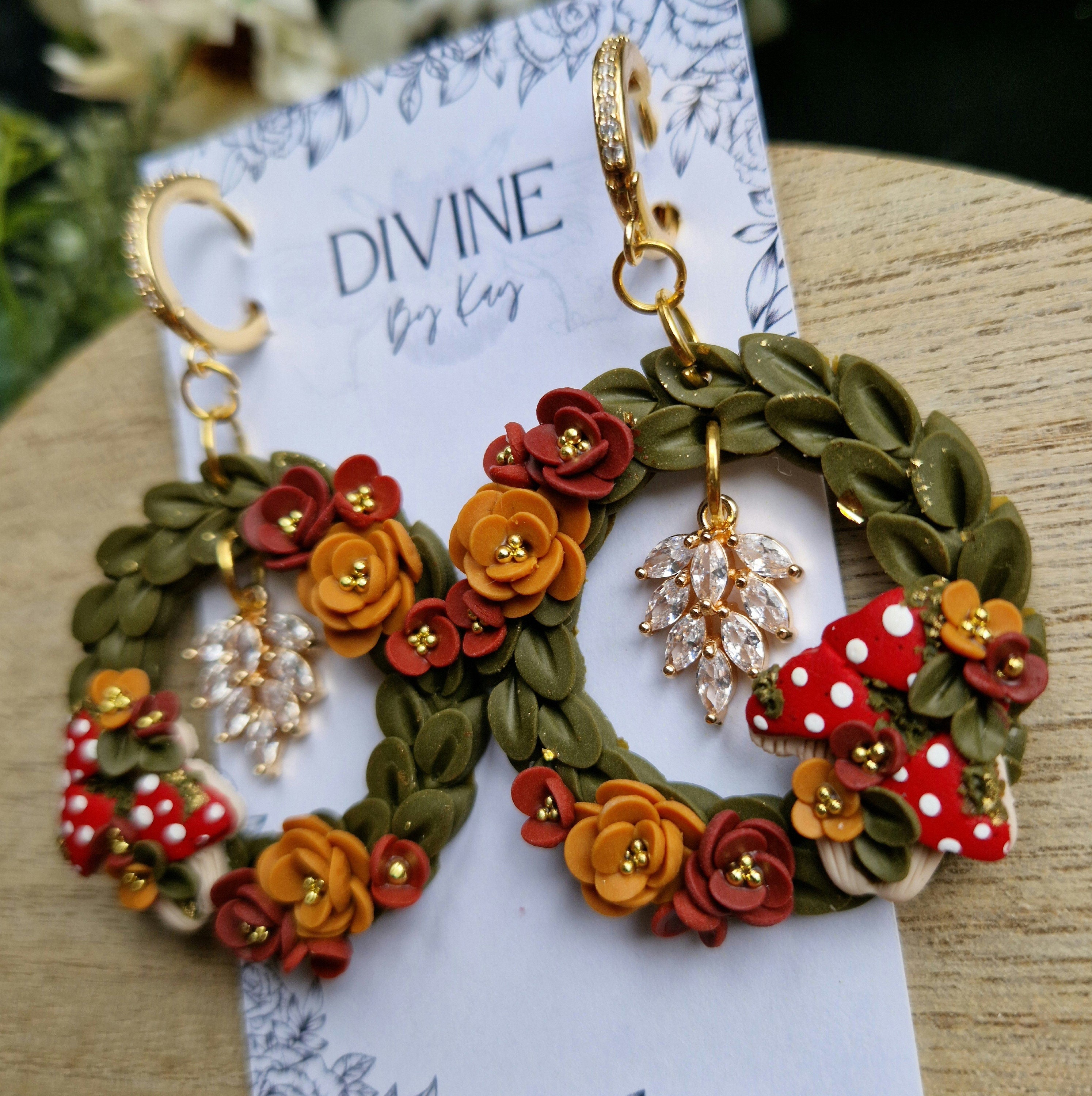 Mushroom Wreath Earrings: Clay Fairycore Jewelry with CZ Charm