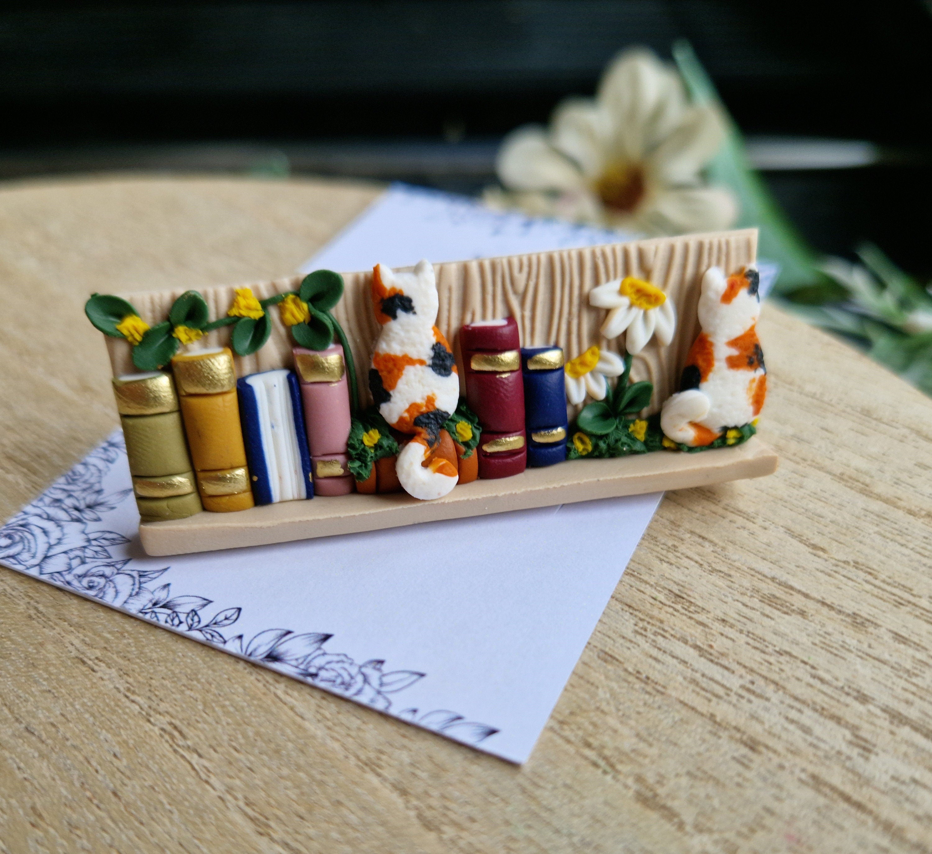 Cat Bookcase Clay Hair Clip: Book Lover Gift