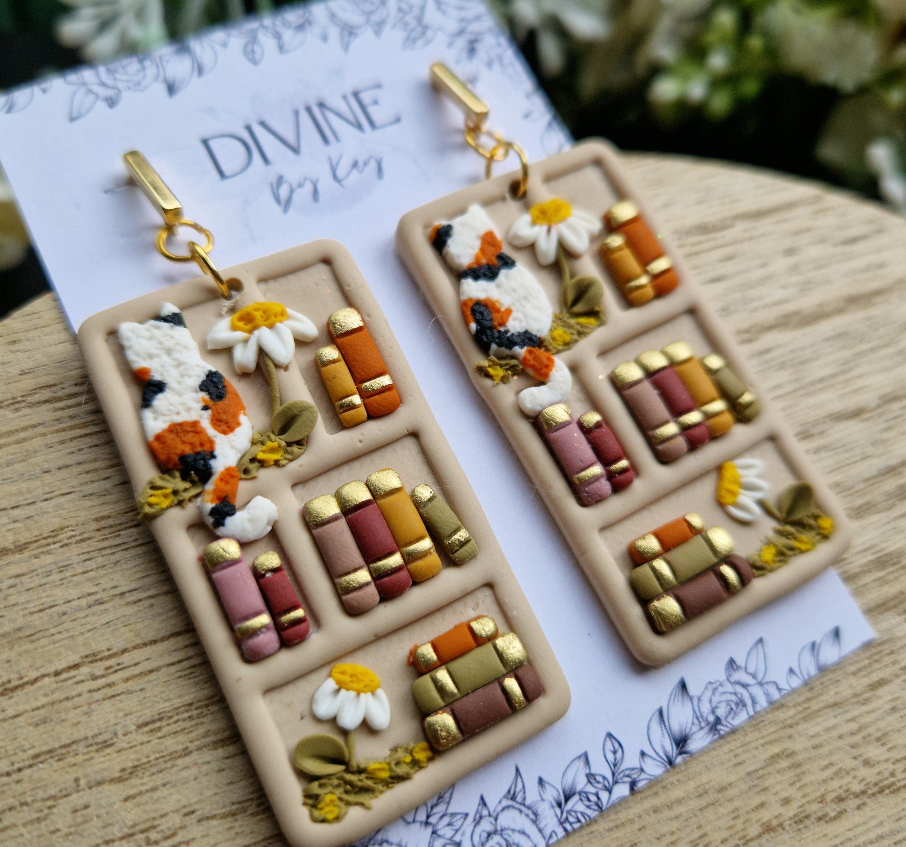 Cat Bookshelf Earrings: Cottagecore Book Lover Jewelry