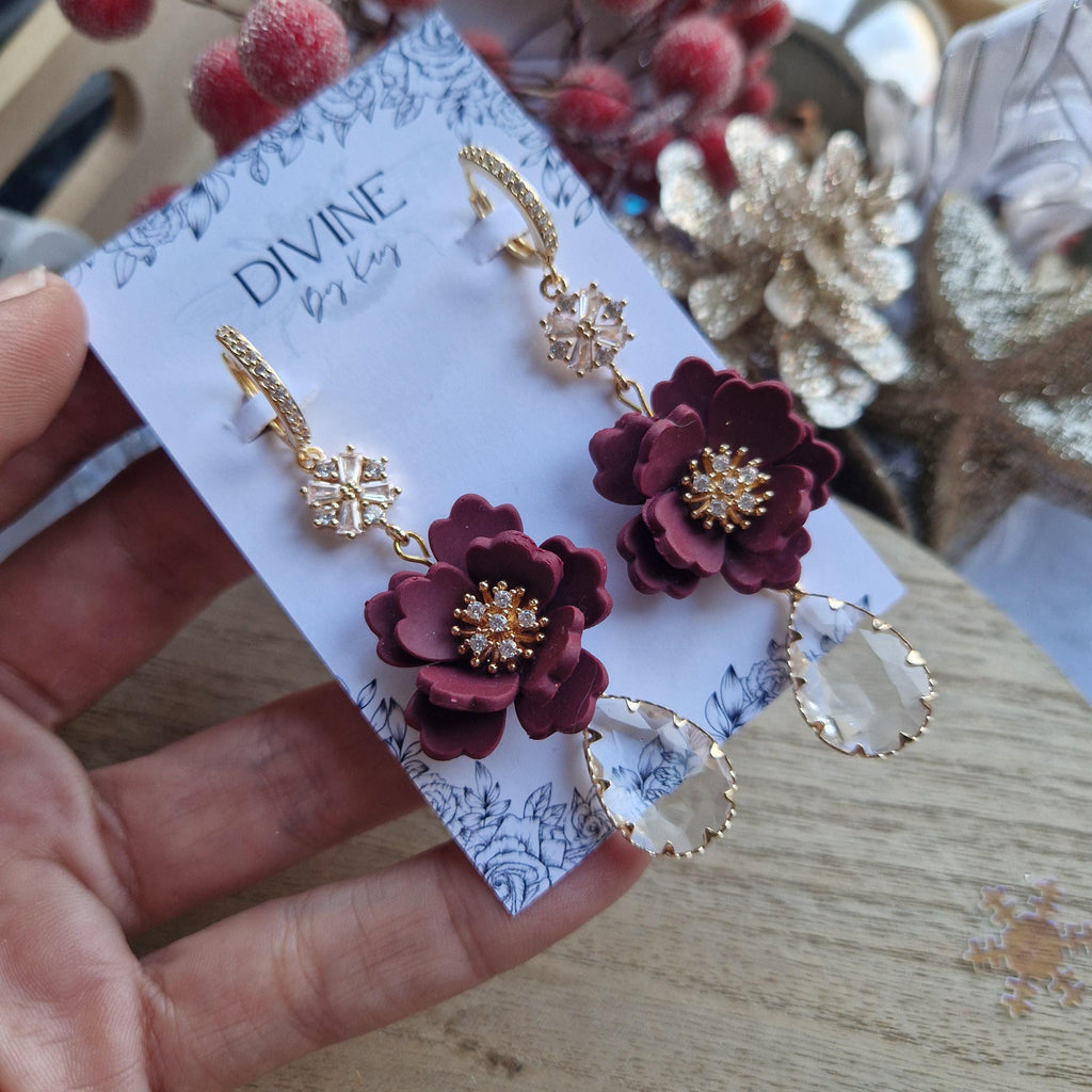 Berry Red Clay Flower Dangle Earrings: Gold CZ Charms