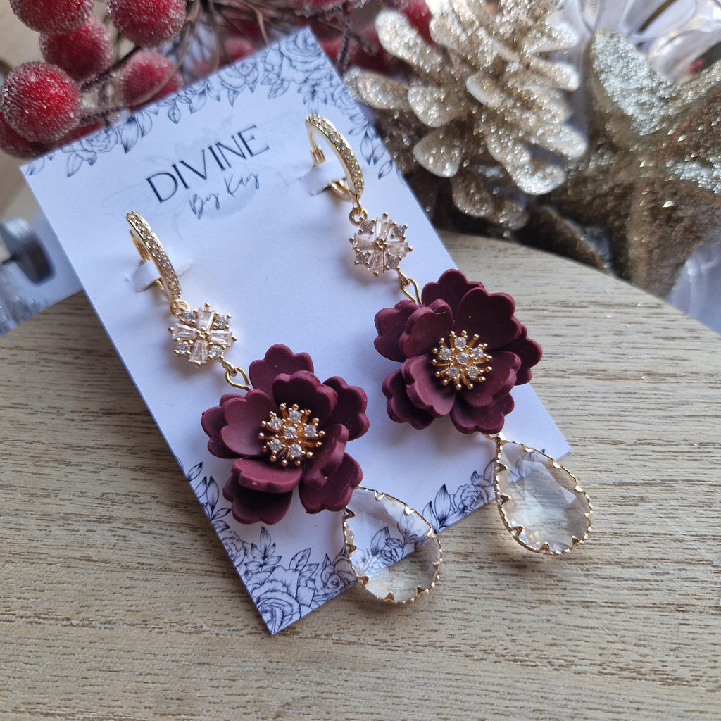 Berry Red Clay Flower Dangle Earrings: Gold CZ Charms