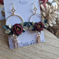 Elegant Clay Flower Dangle Earrings: Berry Red Floral, Gold Hoops