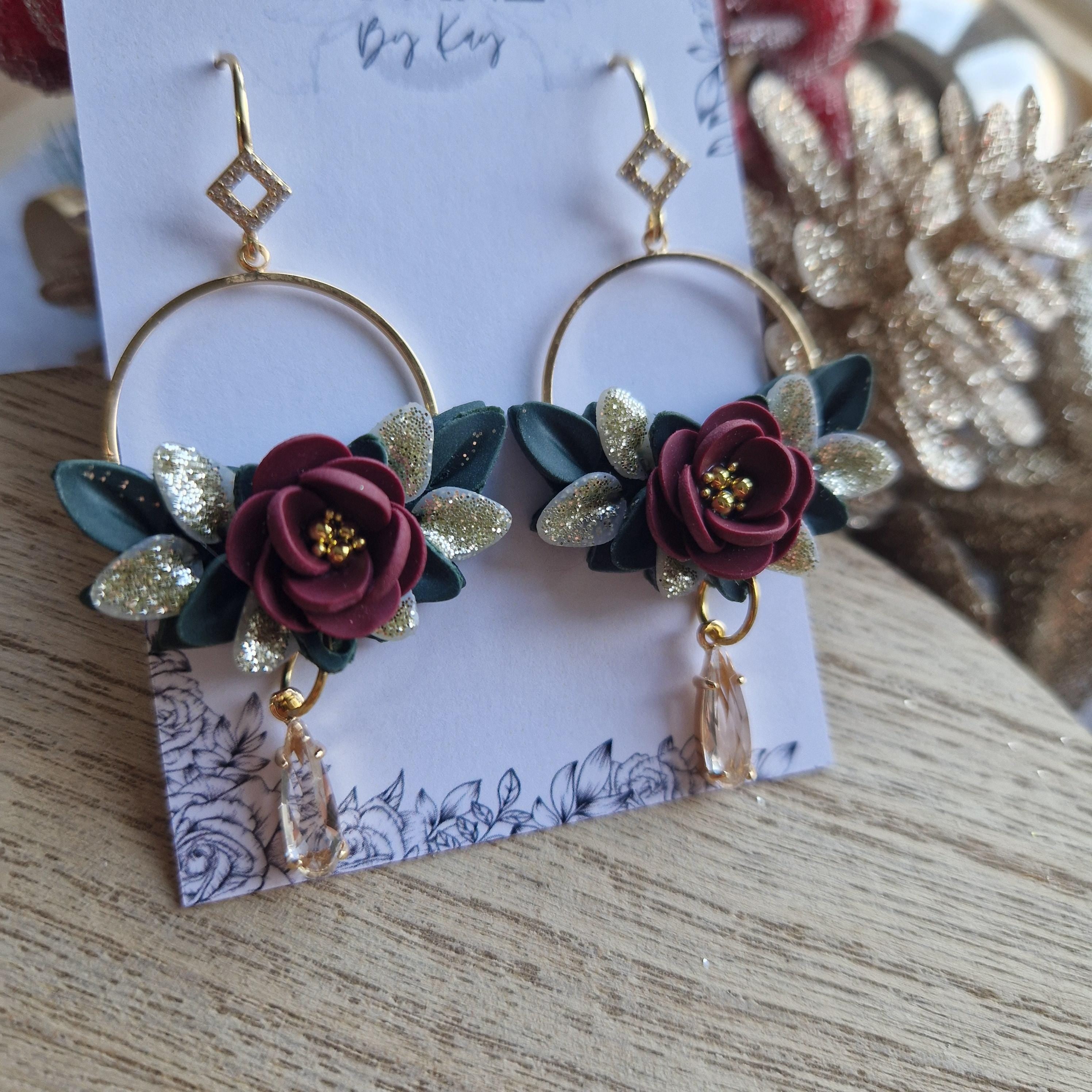 Elegant Clay Flower Dangle Earrings: Berry Red Floral, Gold Hoops