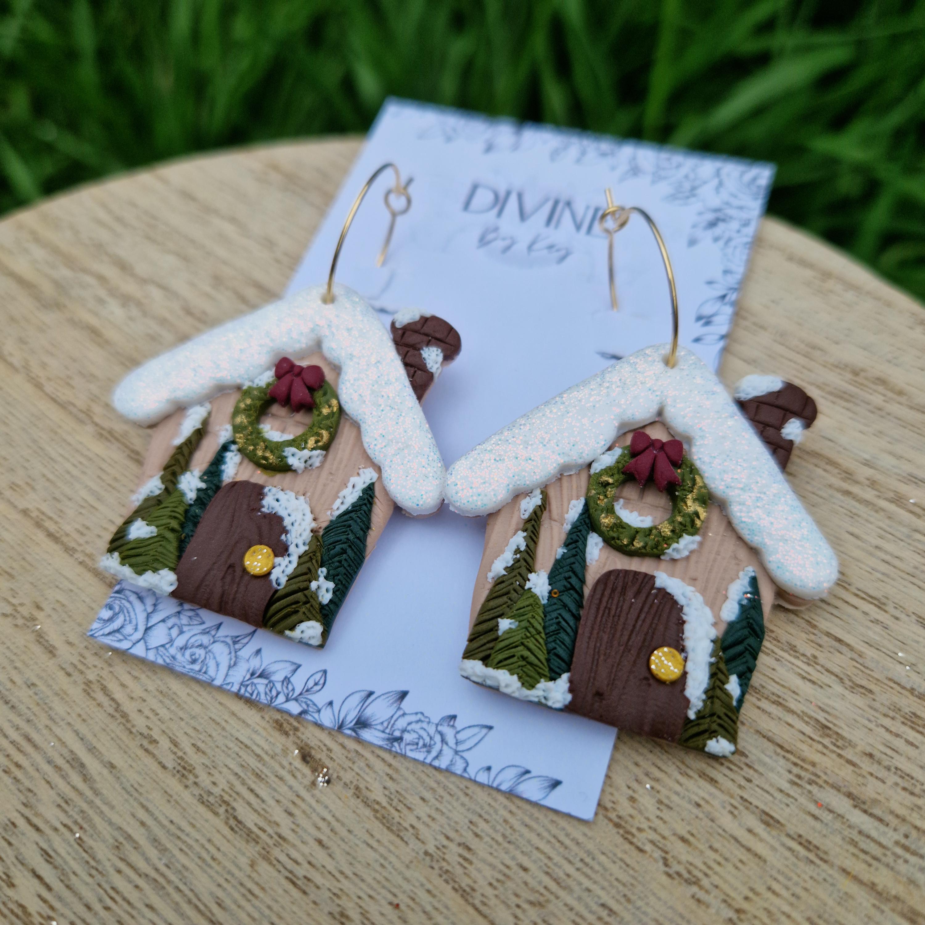 Handmade Clay Christmas Earrings – Cozy Cabin Dangle Jewelry