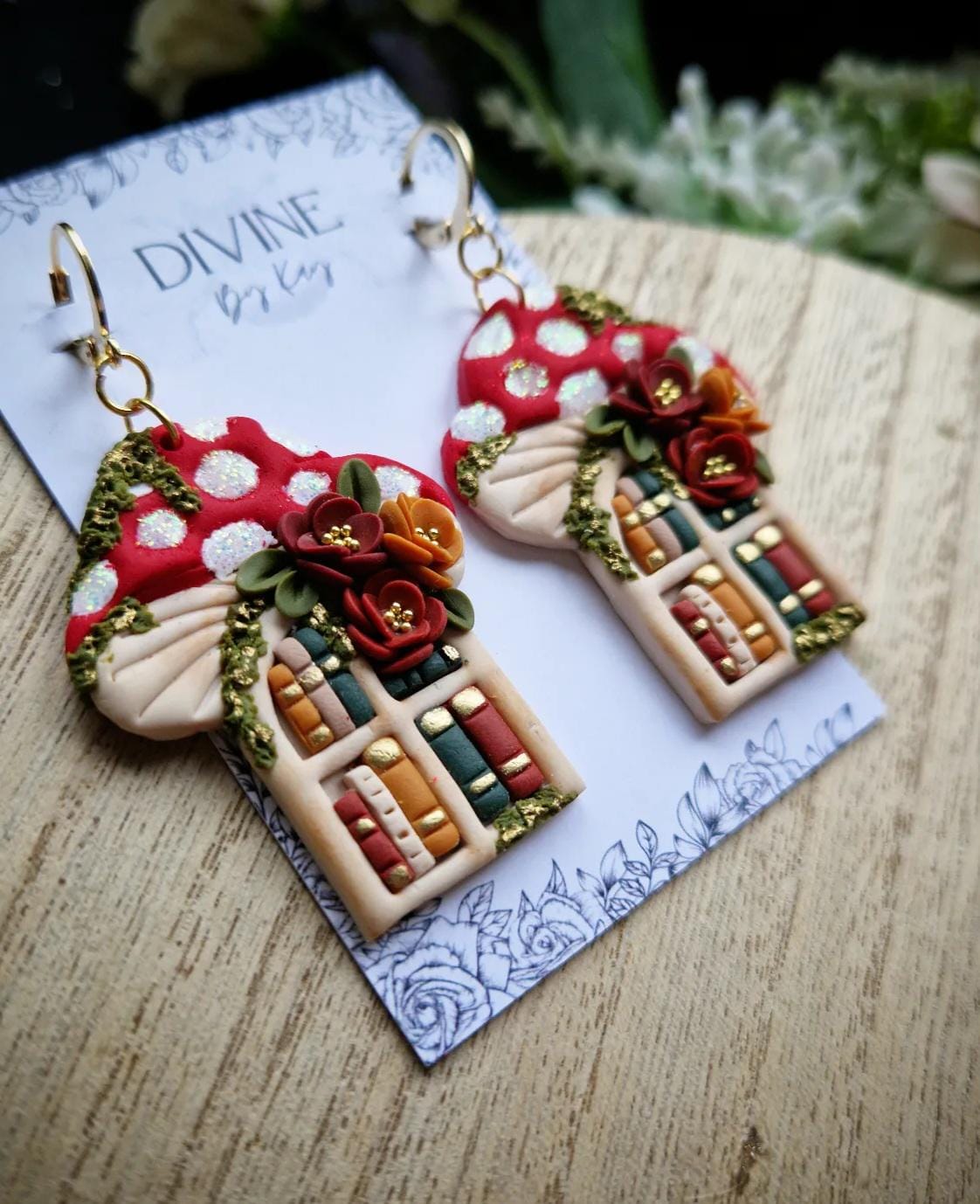 Mushroom Book Earrings: Handmade Clay Bookshelf Earrings