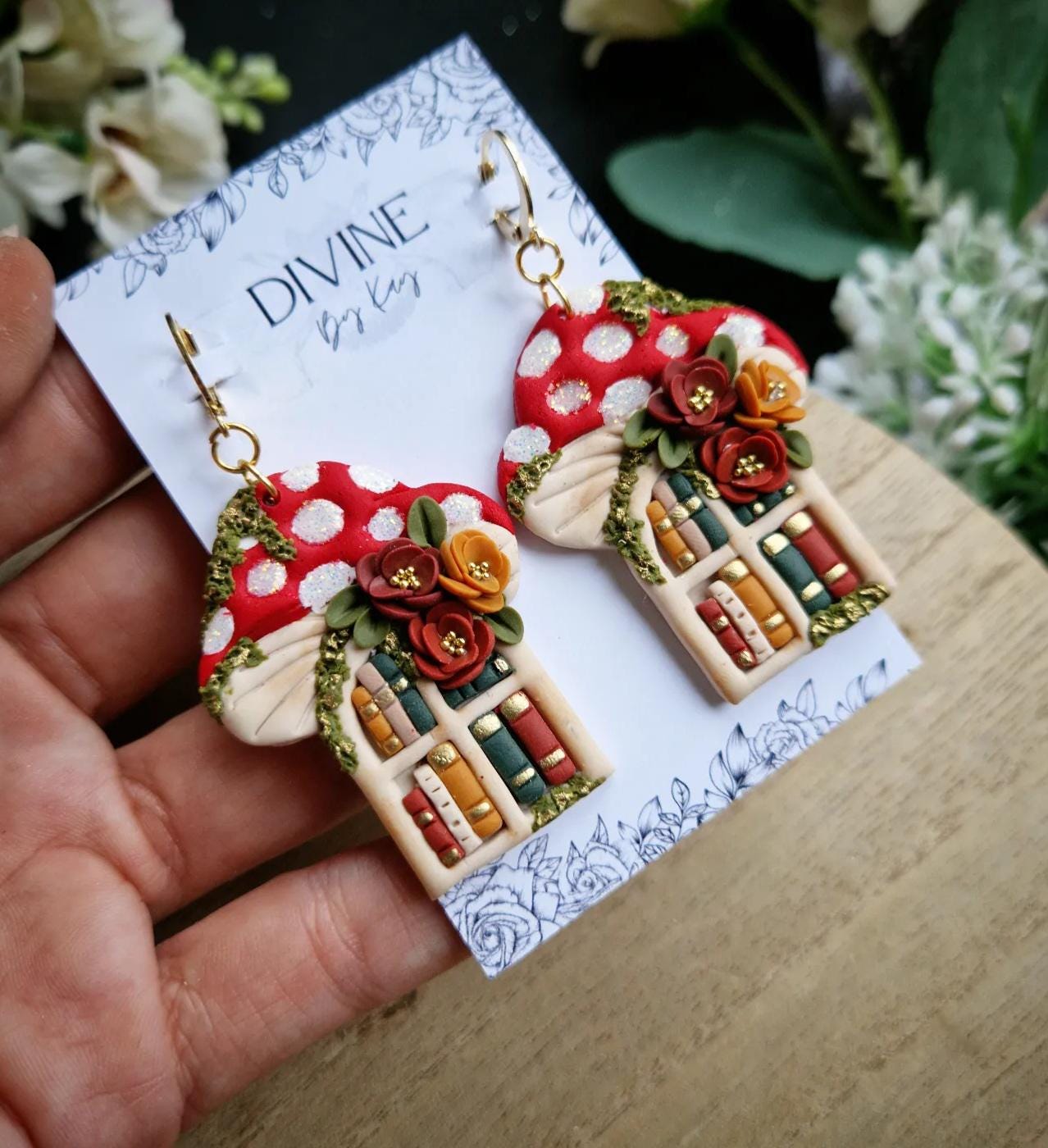 Mushroom Book Earrings: Handmade Clay Bookshelf Earrings