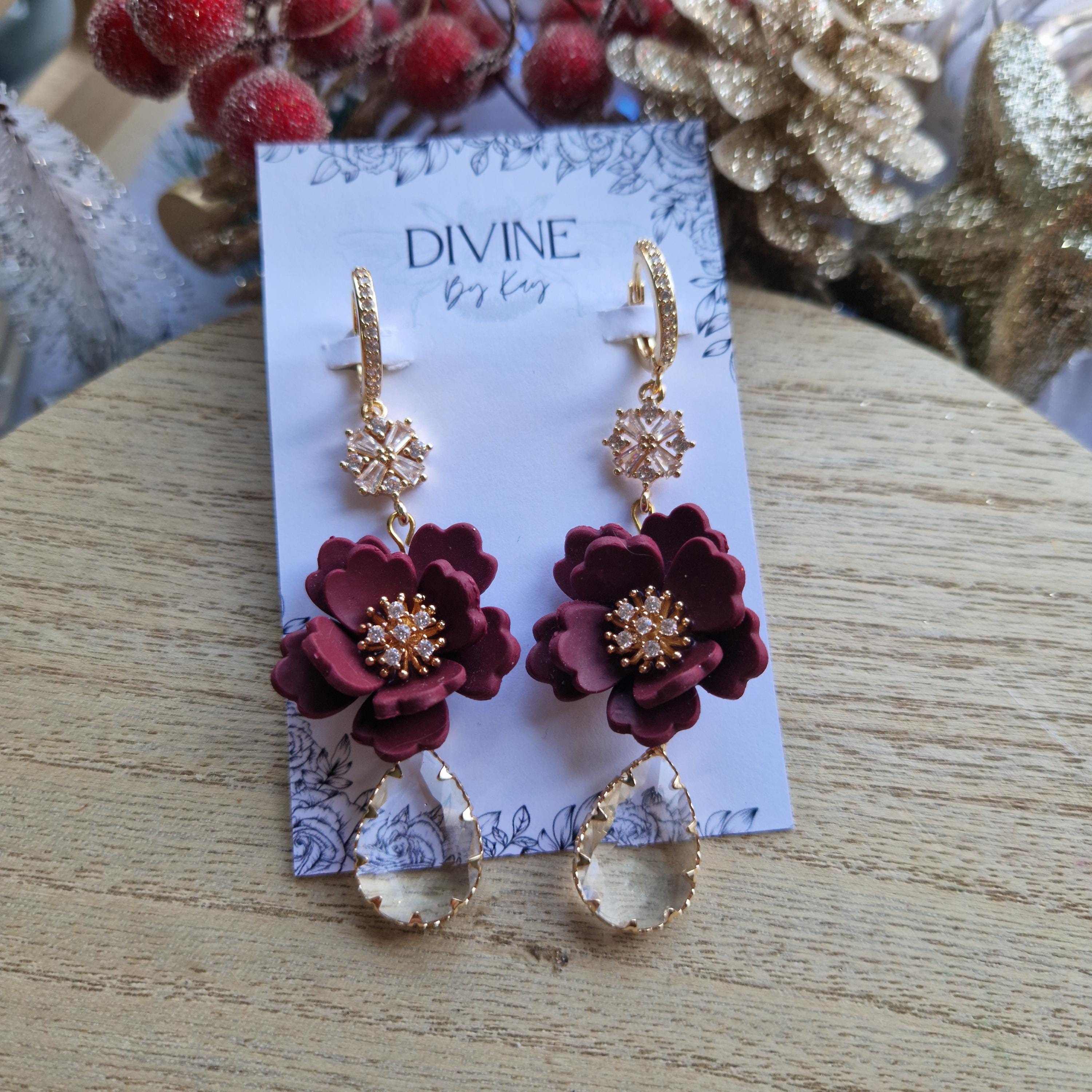 Berry Red Clay Flower Dangle Earrings: Gold CZ Charms