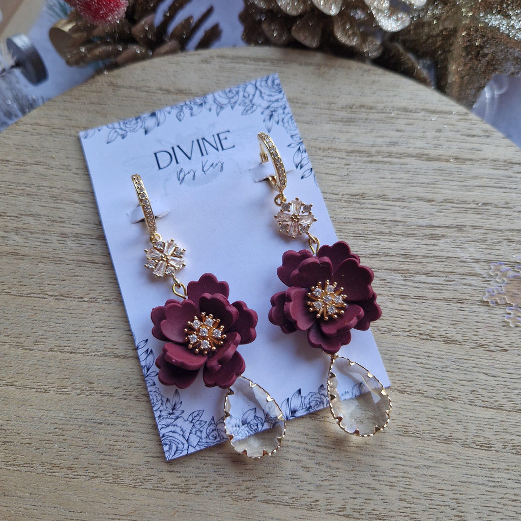 Berry Red Clay Flower Dangle Earrings: Gold CZ Charms