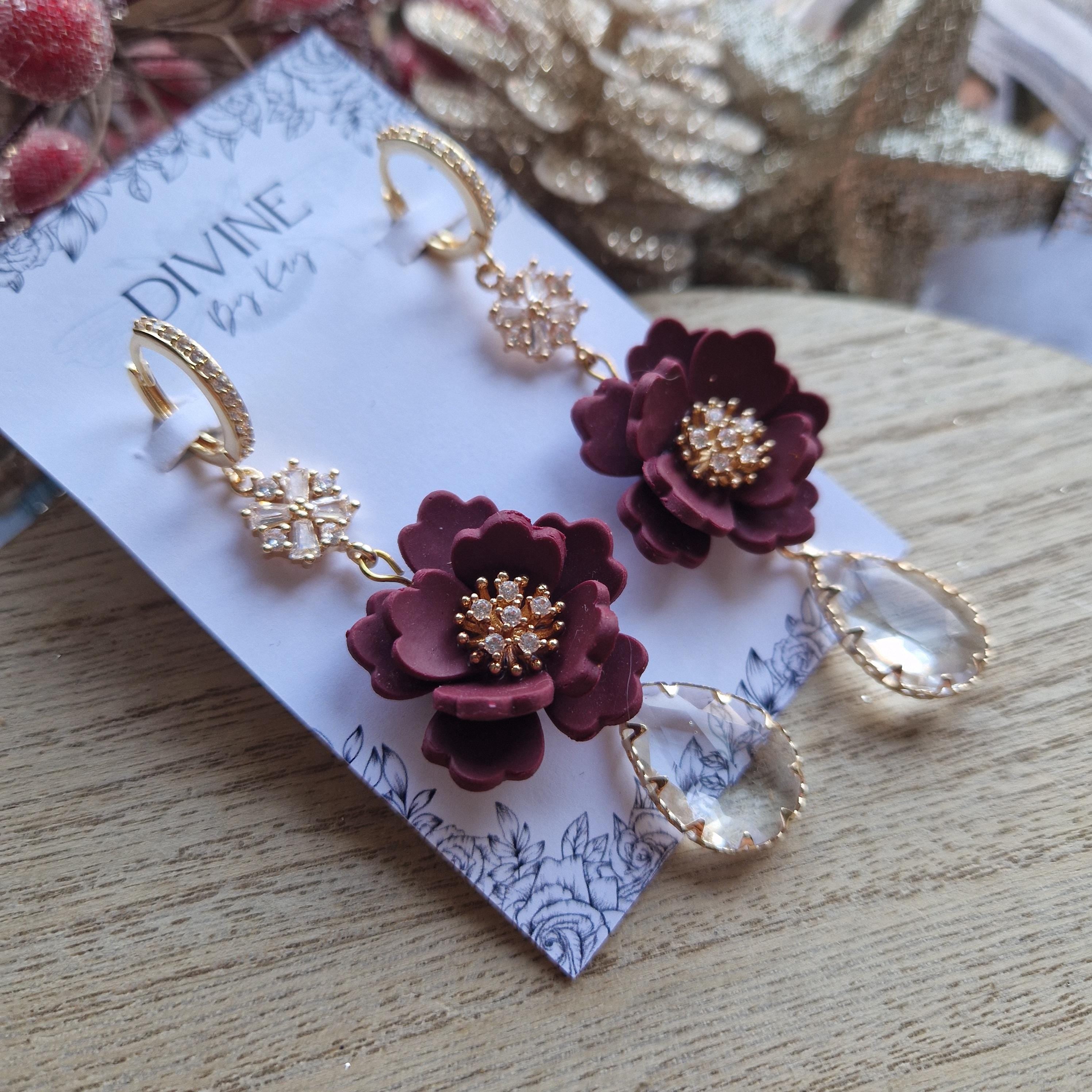 Berry Red Clay Flower Dangle Earrings: Gold CZ Charms