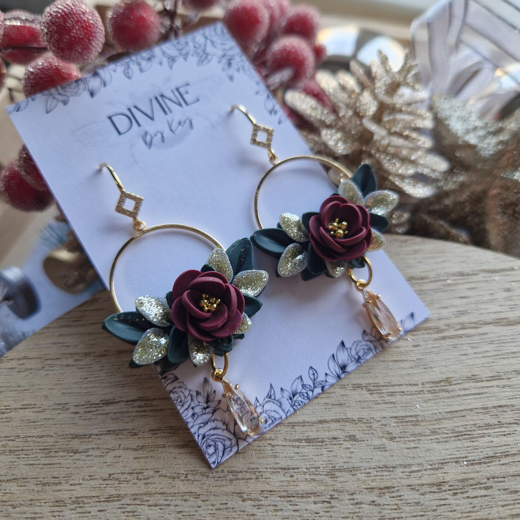Elegant Clay Flower Dangle Earrings: Berry Red Floral, Gold Hoops
