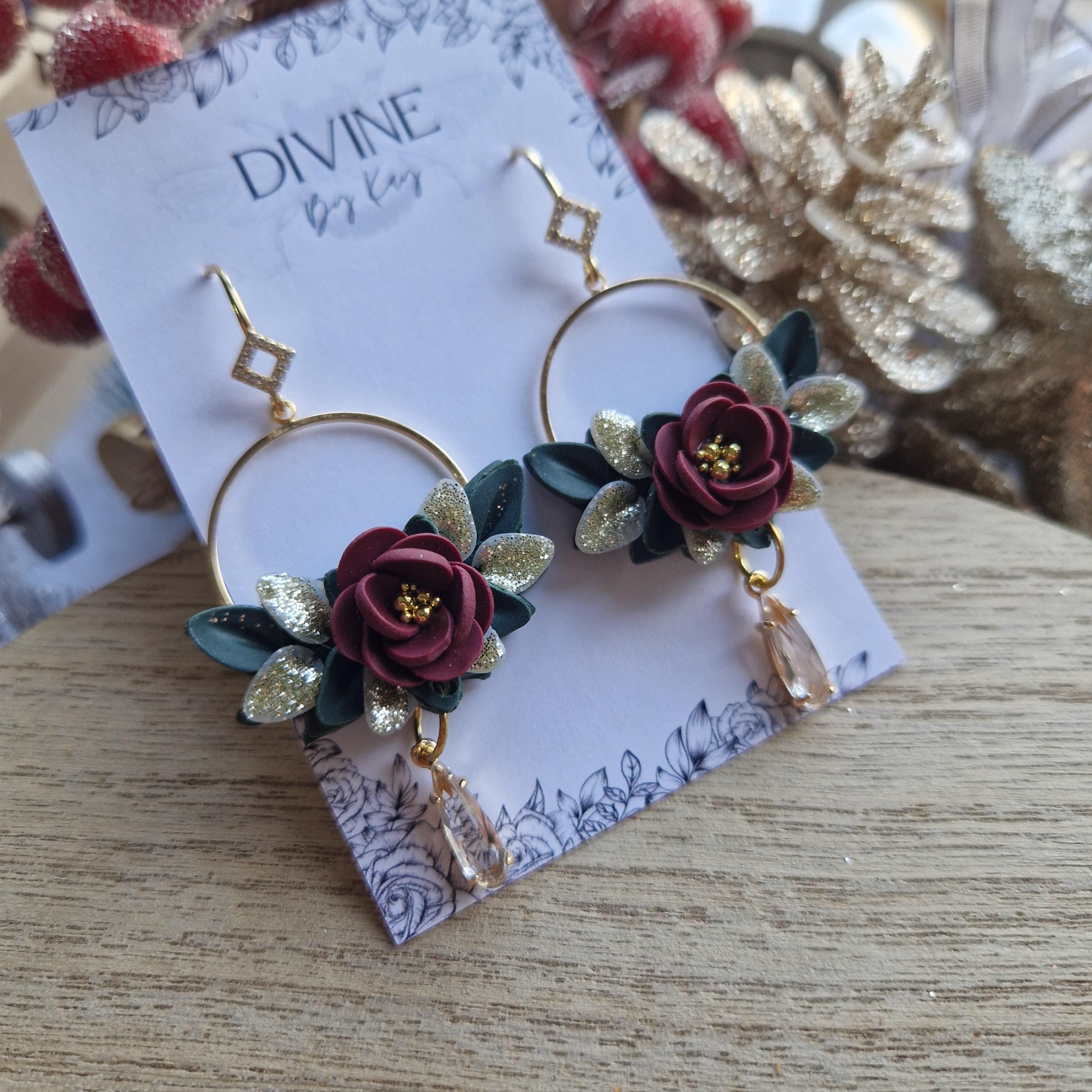 Elegant Clay Flower Dangle Earrings: Berry Red Floral, Gold Hoops