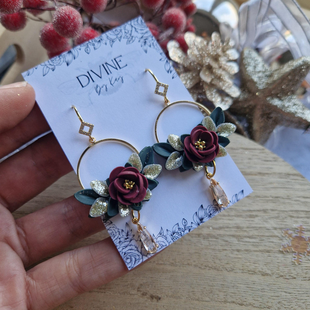 Elegant Clay Flower Dangle Earrings: Berry Red Floral, Gold Hoops