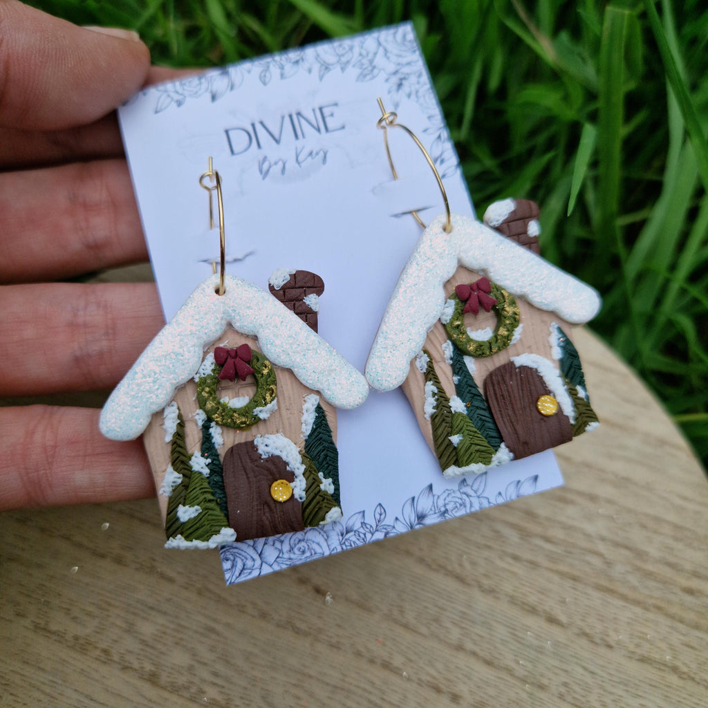 Handmade Clay Christmas Earrings – Cozy Cabin Dangle Jewelry