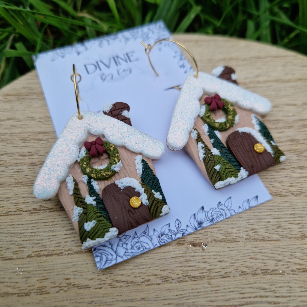 Handmade Clay Christmas Earrings – Cozy Cabin Dangle Jewelry