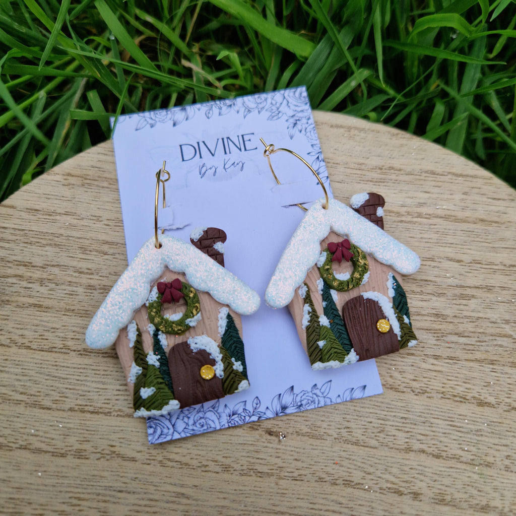 Handmade Clay Christmas Earrings – Cozy Cabin Dangle Jewelry