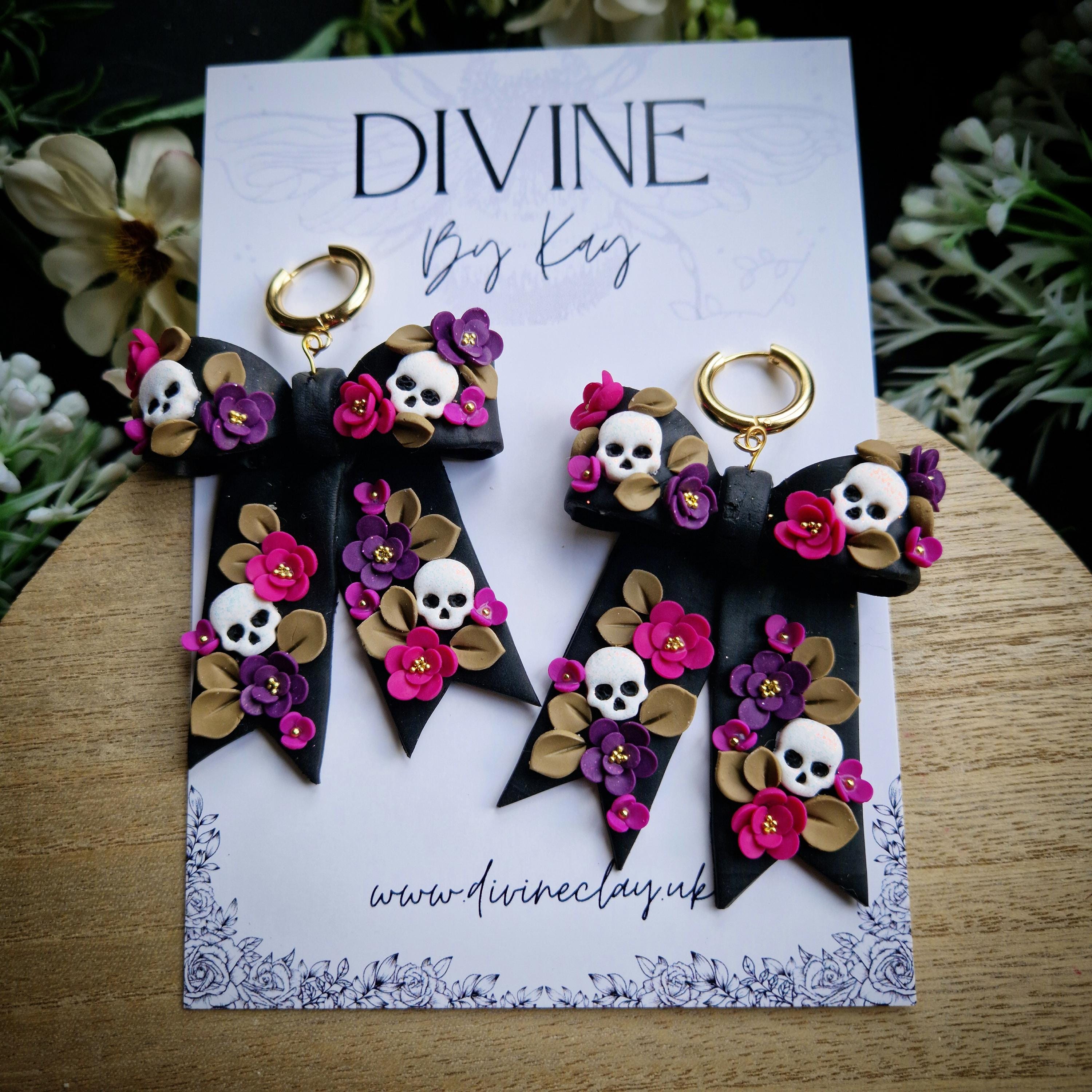 Skull Bow Dangle Earrings: Handmade Floral Stainless Steel Hoops