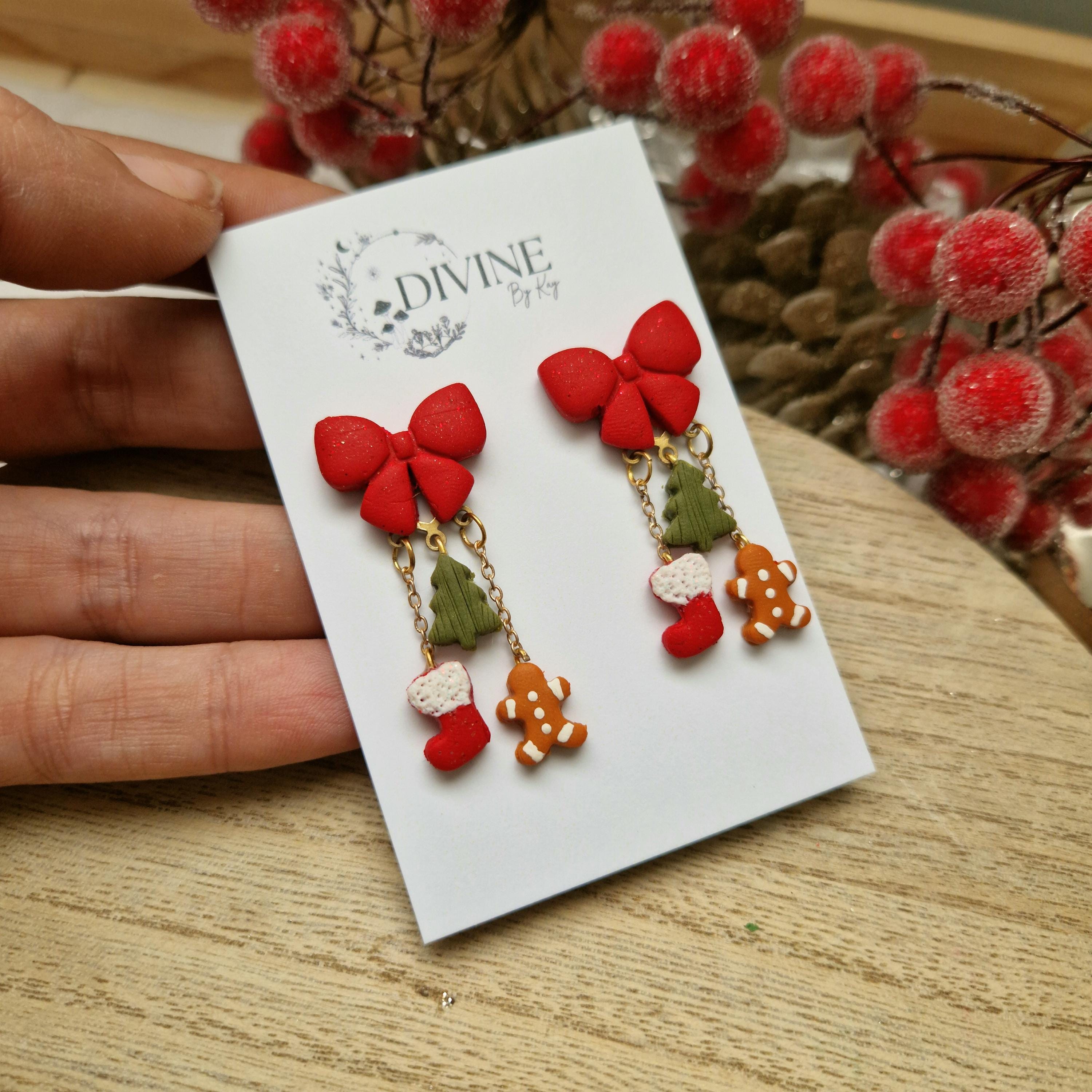 Christmas Charm Dangle Earrings: Festive Bow, Tree, and Gingerbread