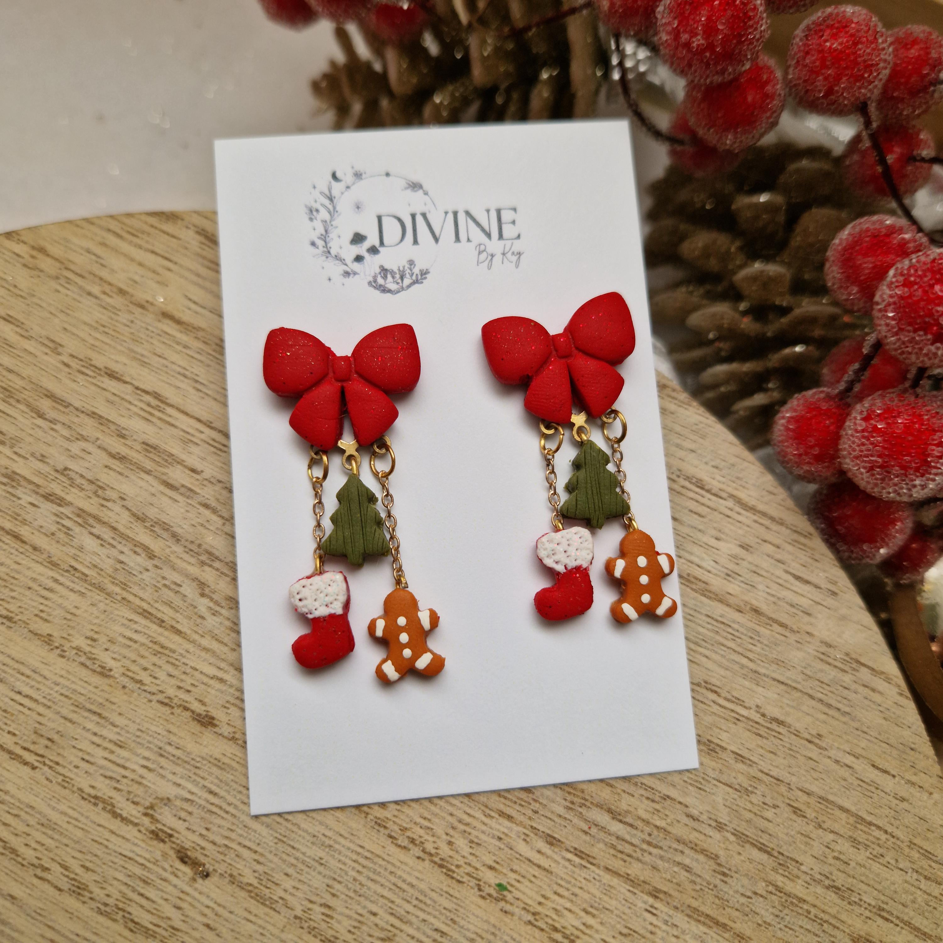 Christmas Charm Dangle Earrings: Festive Bow, Tree, and Gingerbread