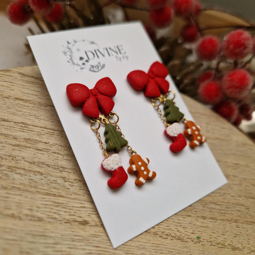 Christmas Charm Dangle Earrings: Festive Bow, Tree, and Gingerbread