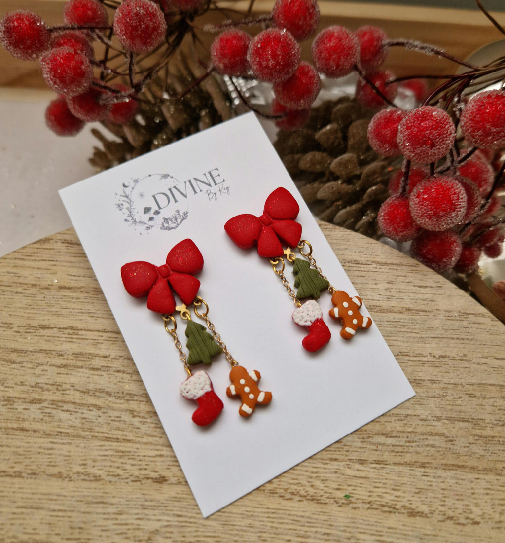 Christmas Charm Dangle Earrings: Festive Bow, Tree, and Gingerbread