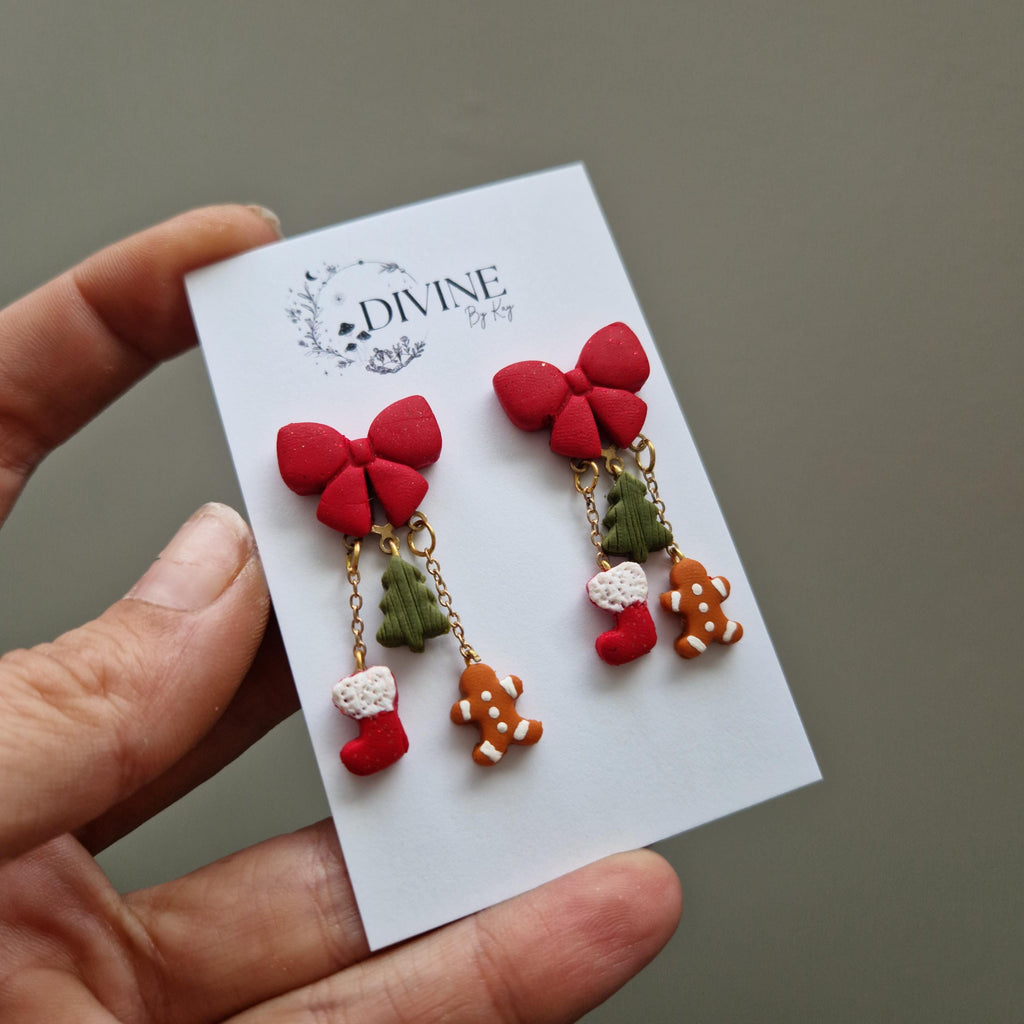 Christmas Charm Dangle Earrings: Festive Bow, Tree, and Gingerbread