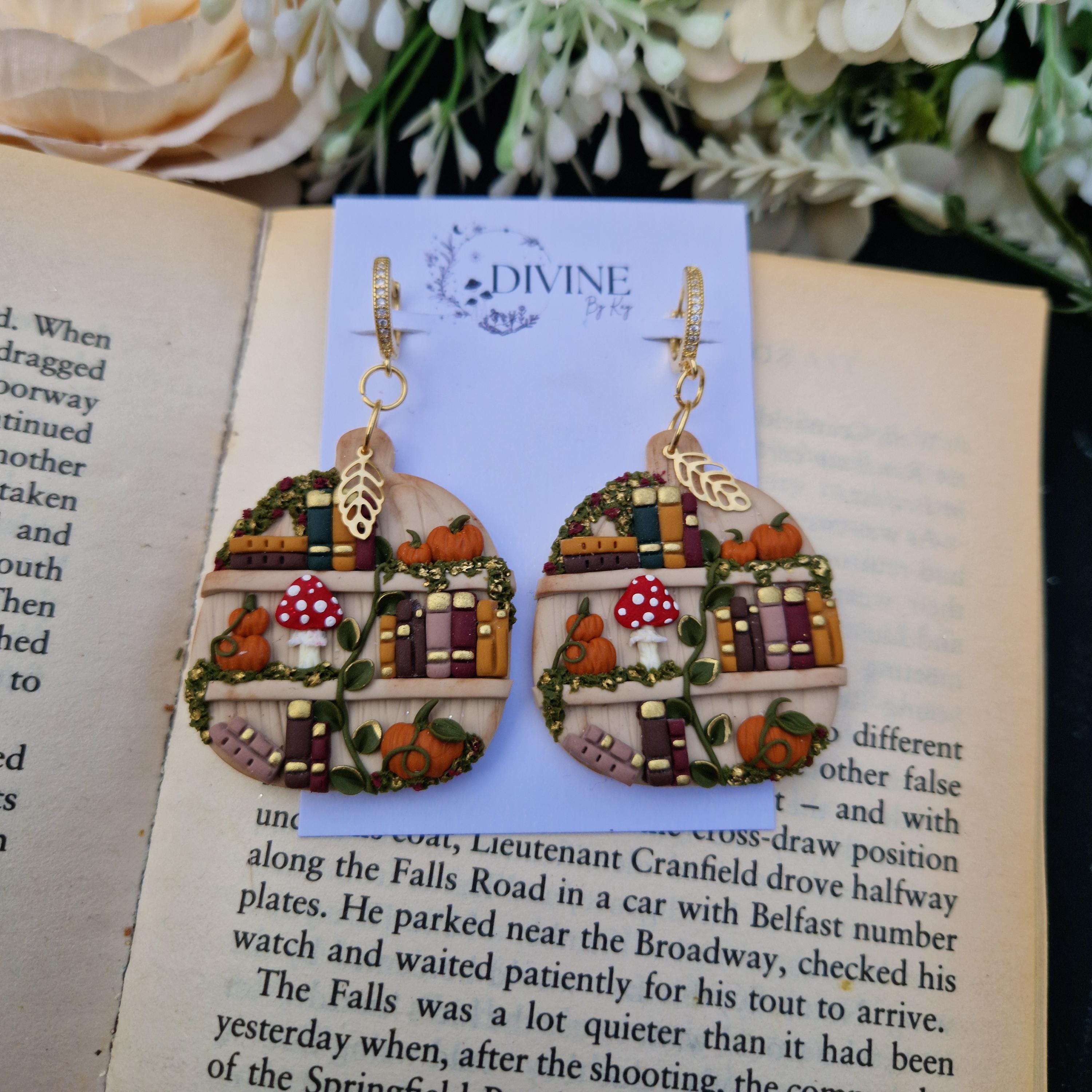 Pumpkin Bookshelf Earrings: Cottagecore Book Lover Gift