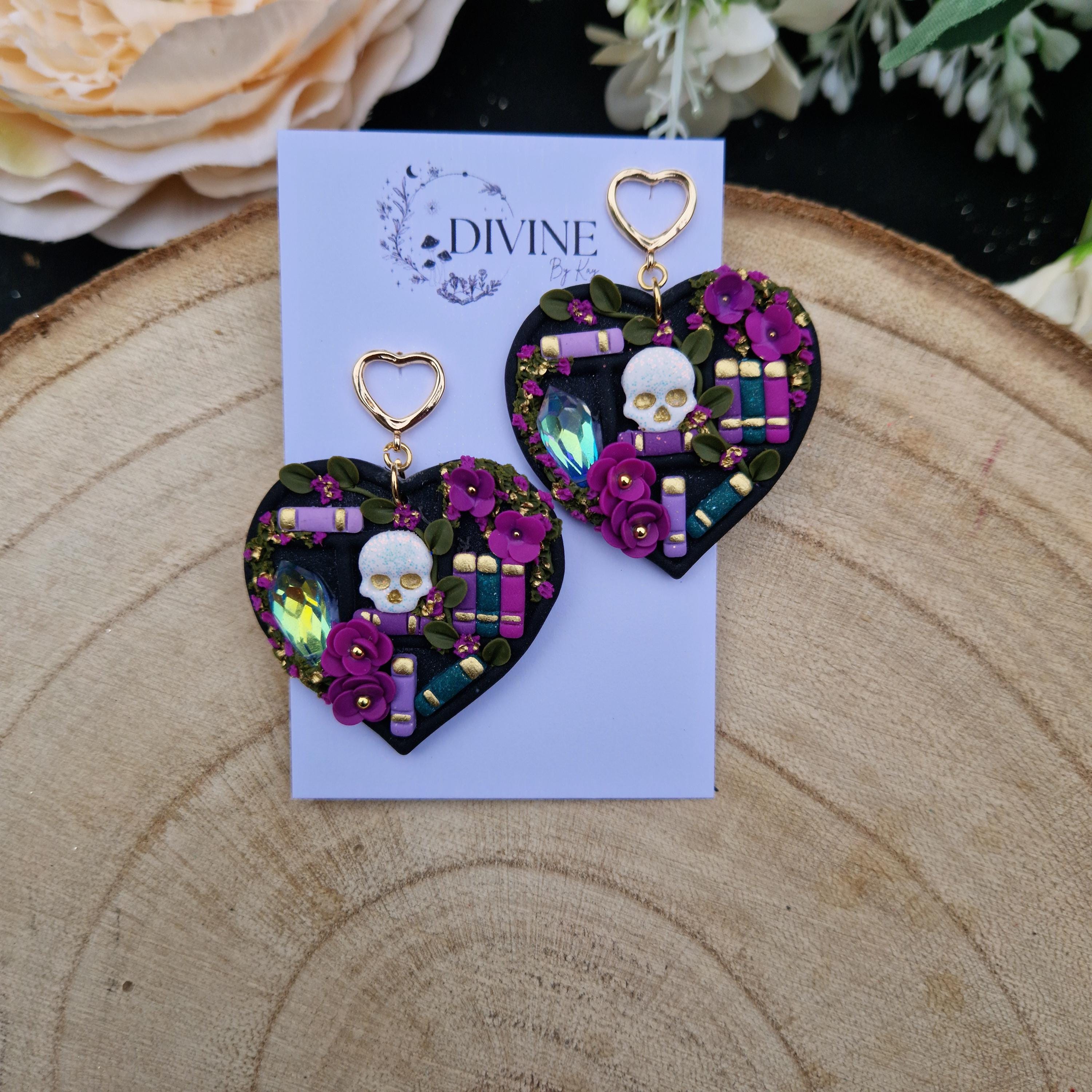 Skull Heart Book Earrings: Witchcraft Bookcase Earrings