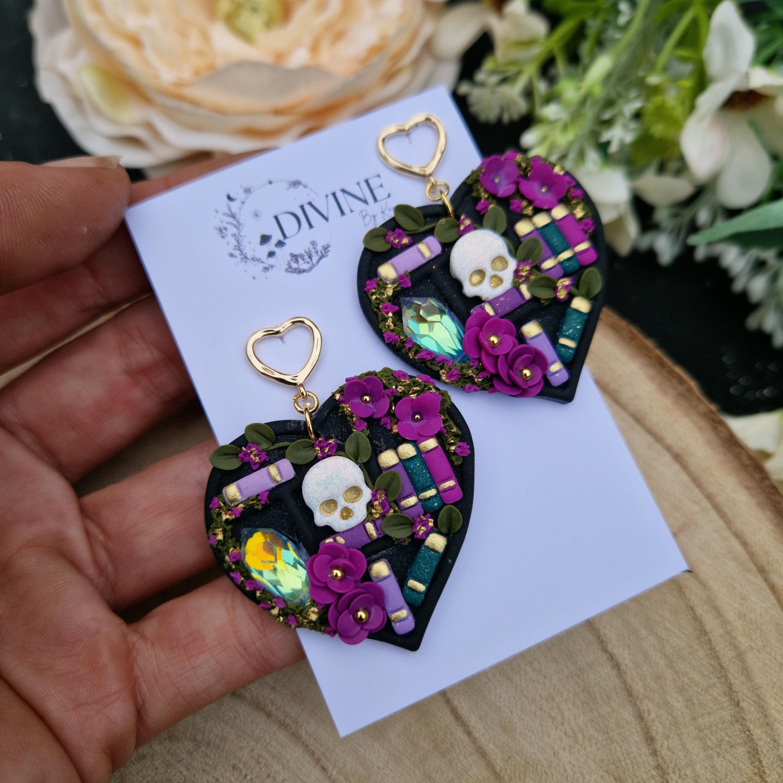 Skull Heart Book Earrings: Witchcraft Bookcase Earrings