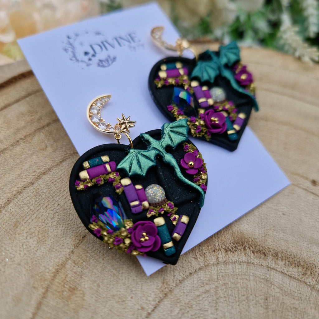 Dragon Heart Bookcase Earrings: Teal, Pink & Purple - Book Lover Gift
