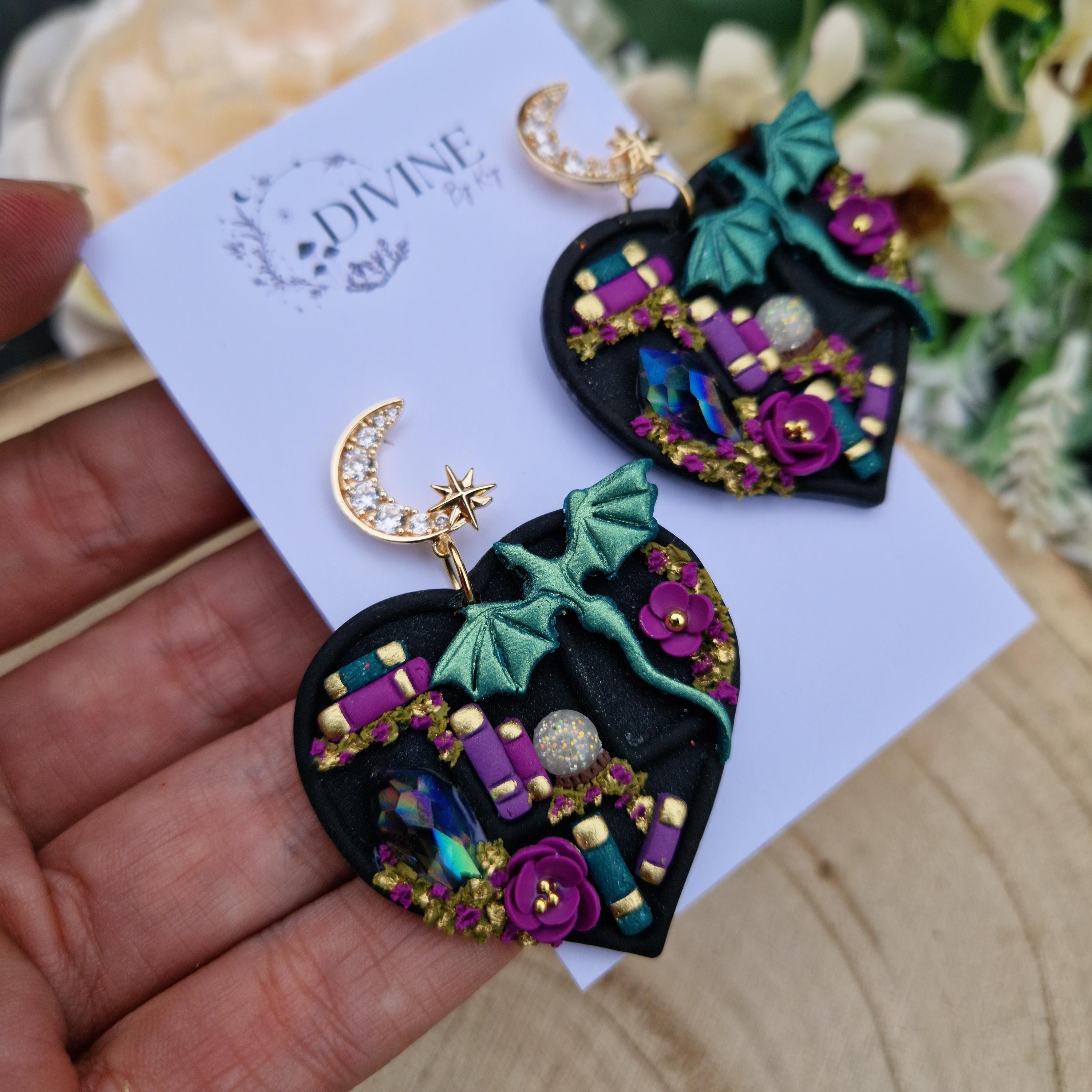 Dragon Heart Bookcase Earrings: Teal, Pink & Purple - Book Lover Gift