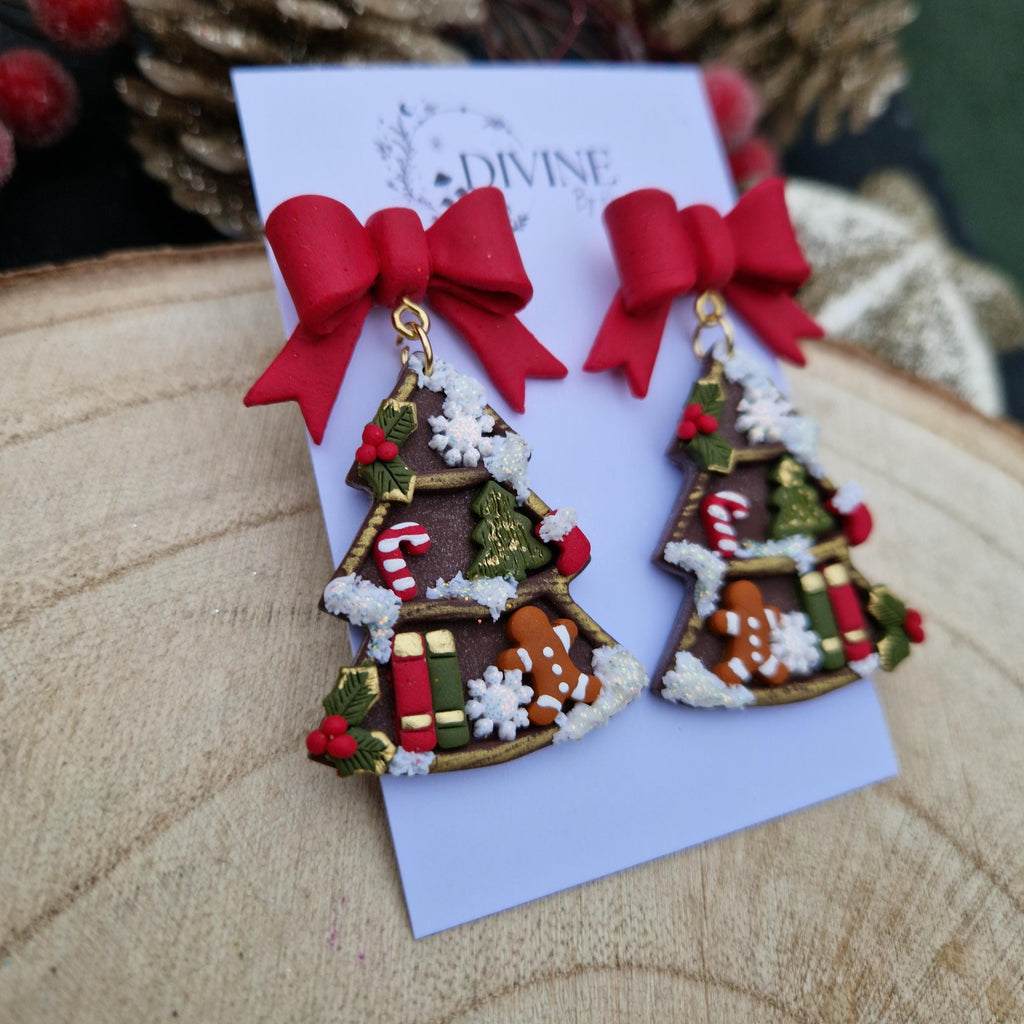 Christmas Tree Bookshelf Earrings: Vintage Holiday Clay Earrings