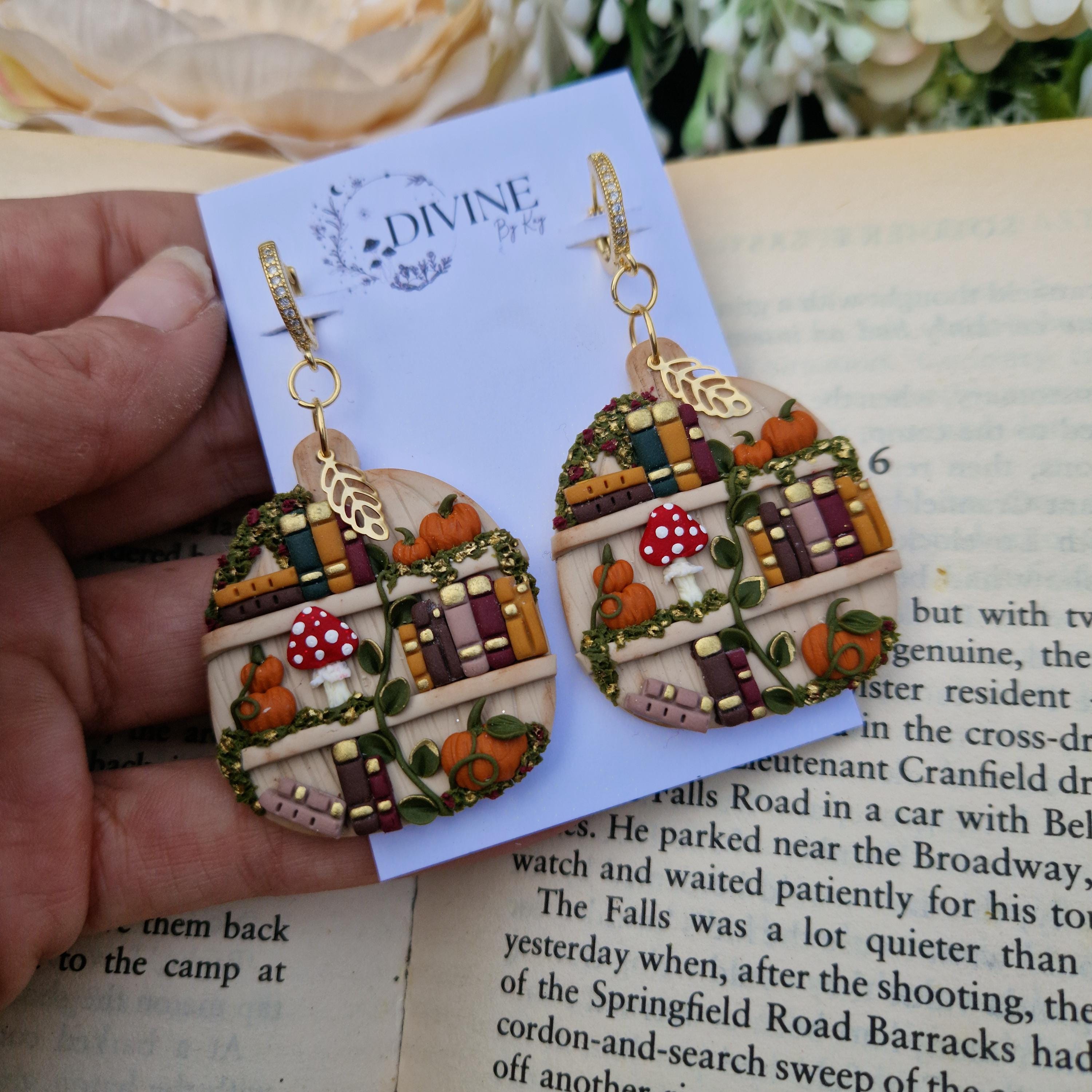 Pumpkin Bookshelf Earrings: Cottagecore Book Lover Gift