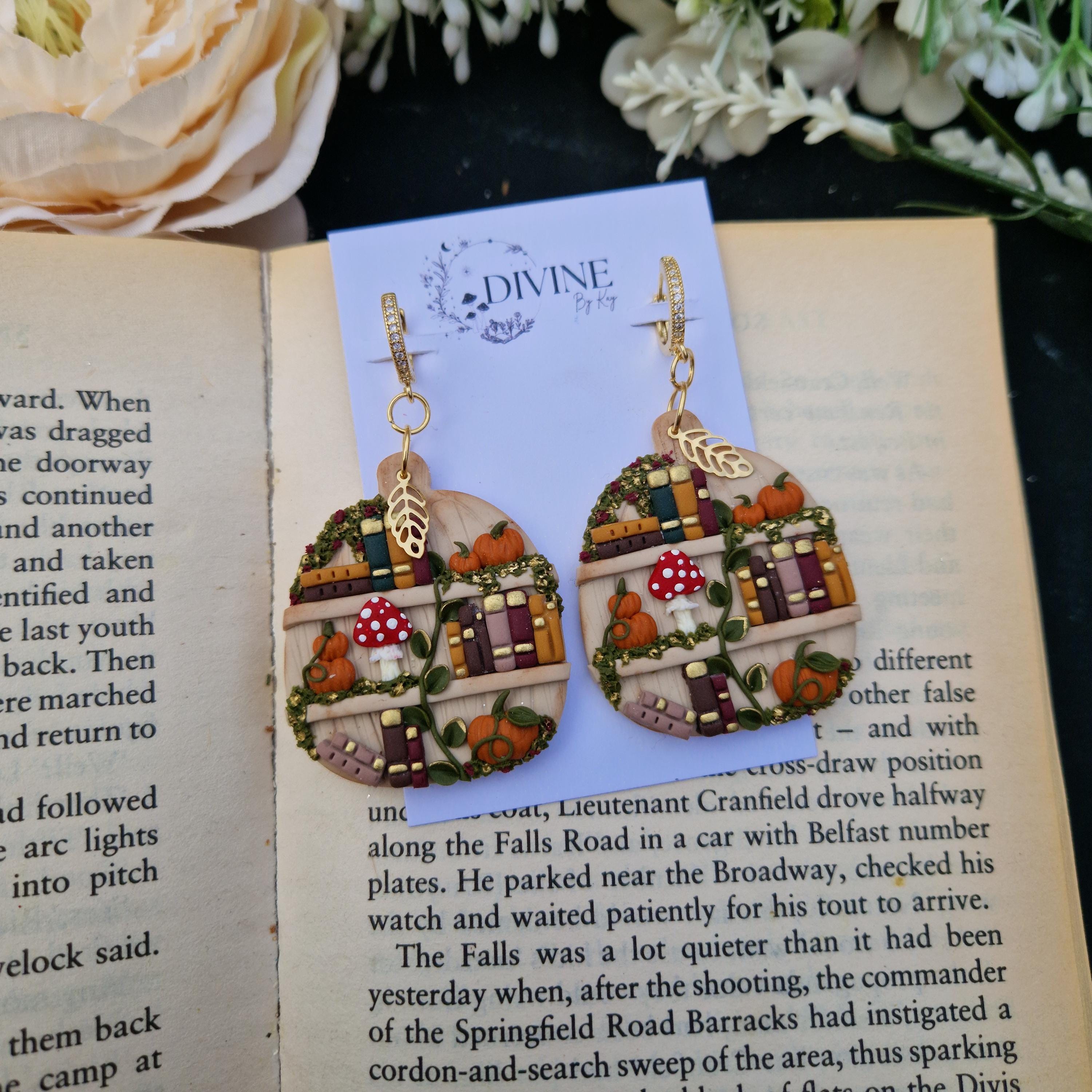 Pumpkin Bookshelf Earrings: Cottagecore Book Lover Gift