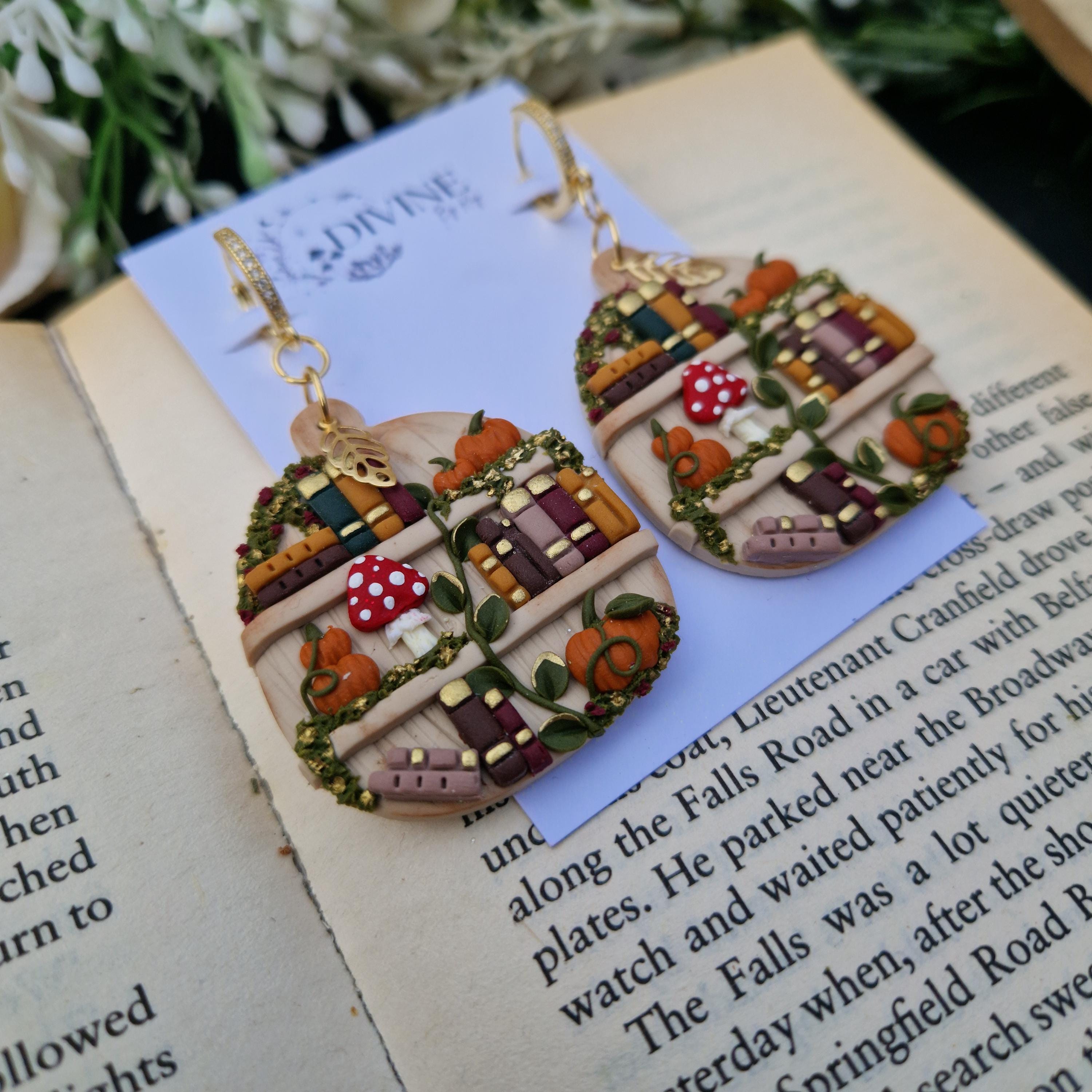 Pumpkin Bookshelf Earrings: Cottagecore Book Lover Gift