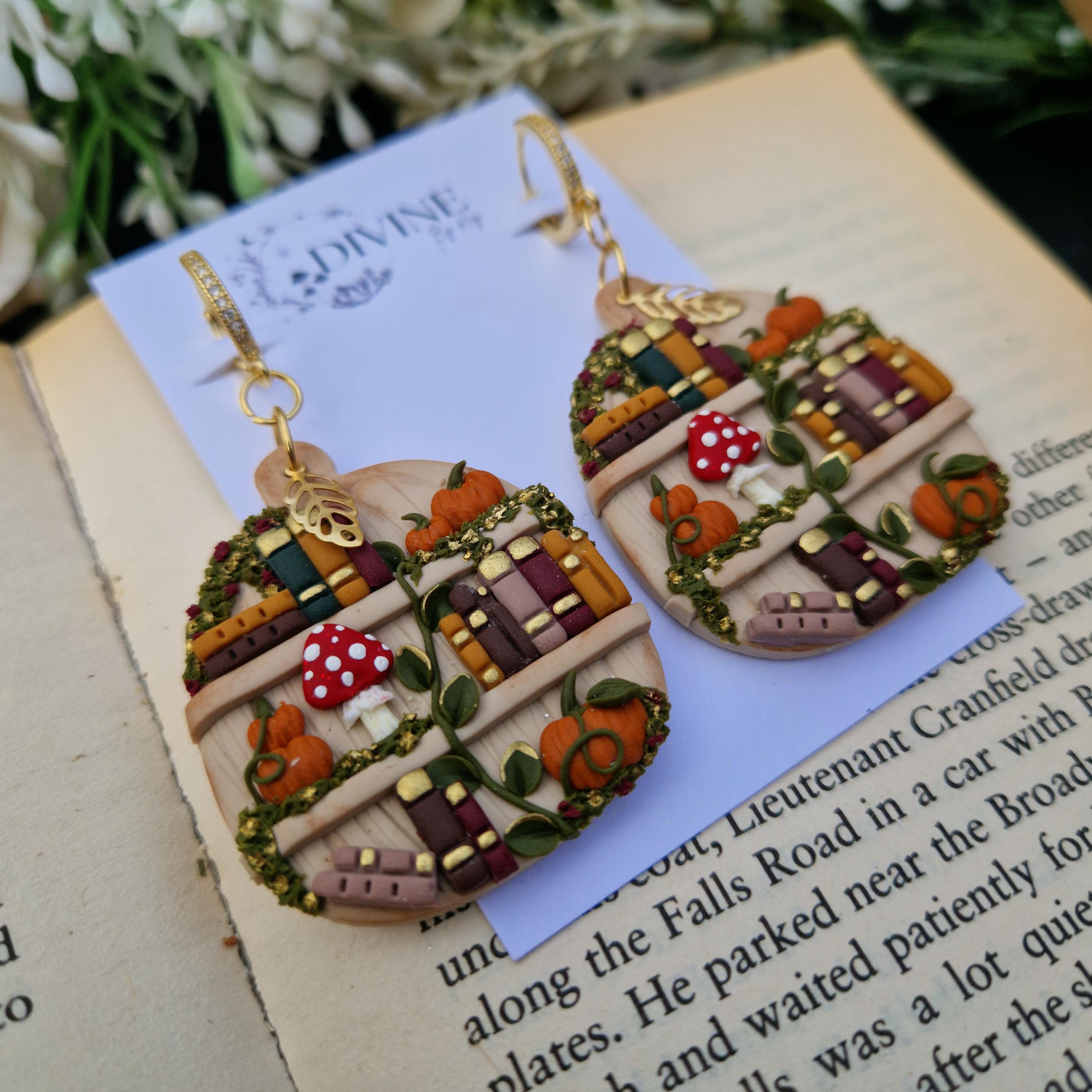 Pumpkin Bookshelf Earrings: Cottagecore Book Lover Gift