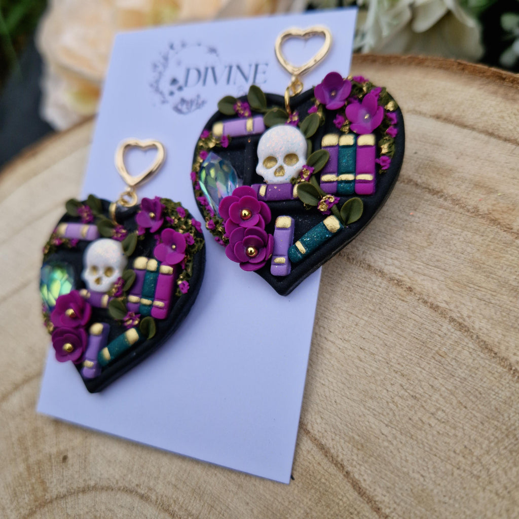 Skull Heart Book Earrings: Witchcraft Bookcase Earrings