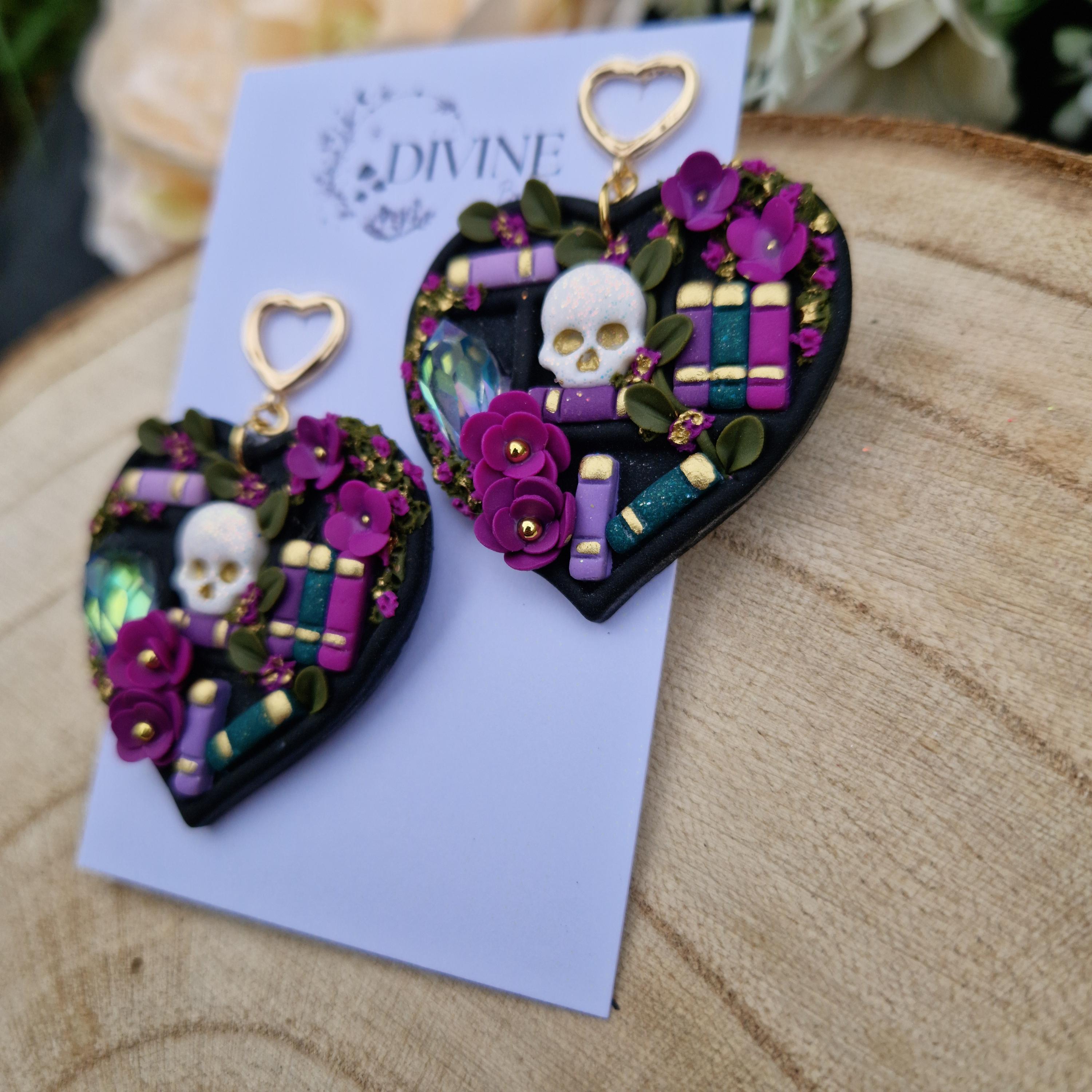 Skull Heart Book Earrings: Witchcraft Bookcase Earrings