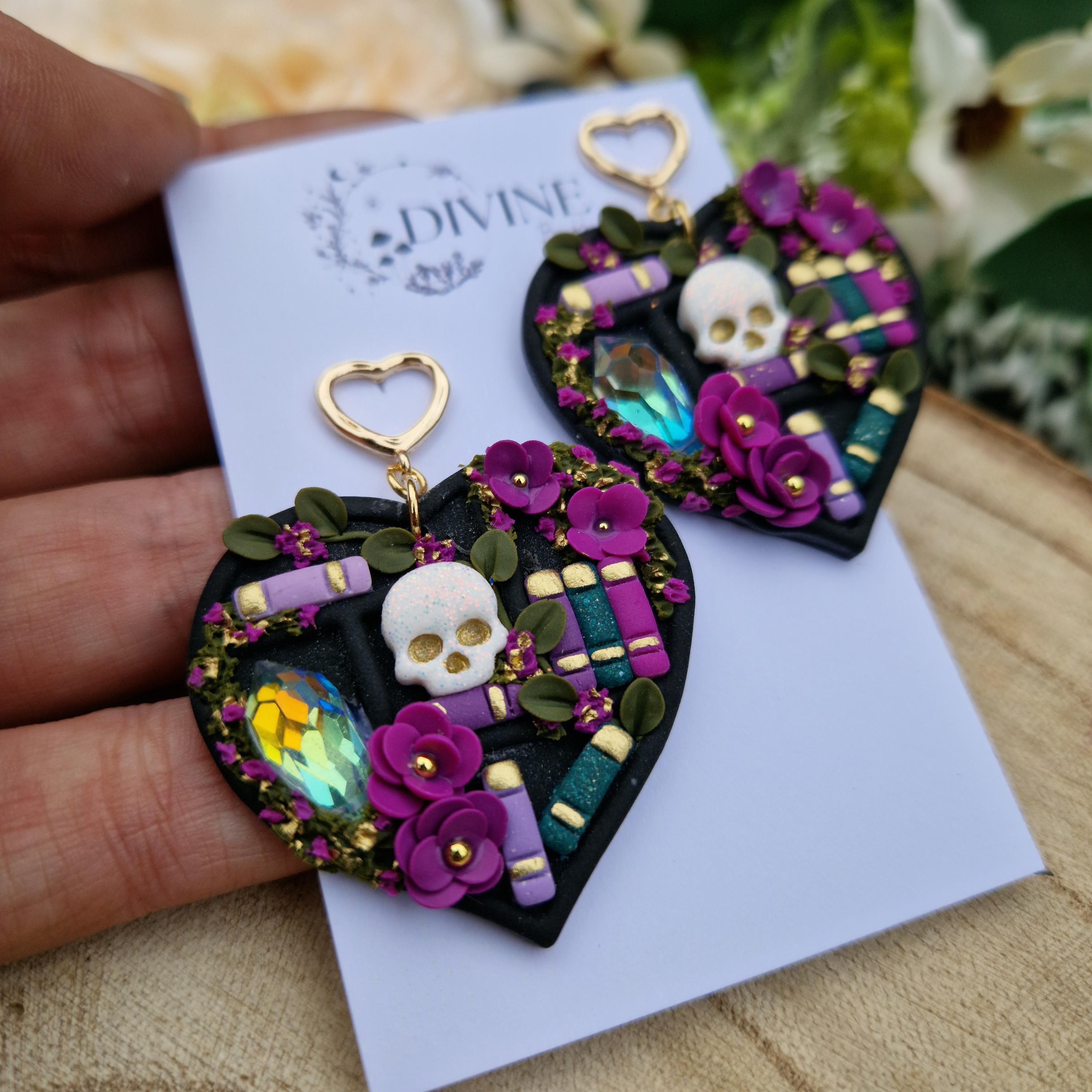 Skull Heart Book Earrings: Witchcraft Bookcase Earrings