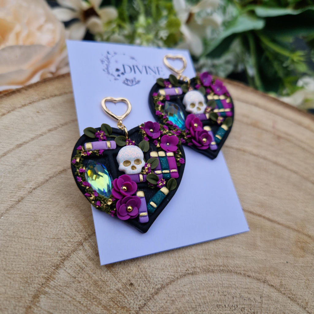 Skull Heart Book Earrings: Witchcraft Bookcase Earrings