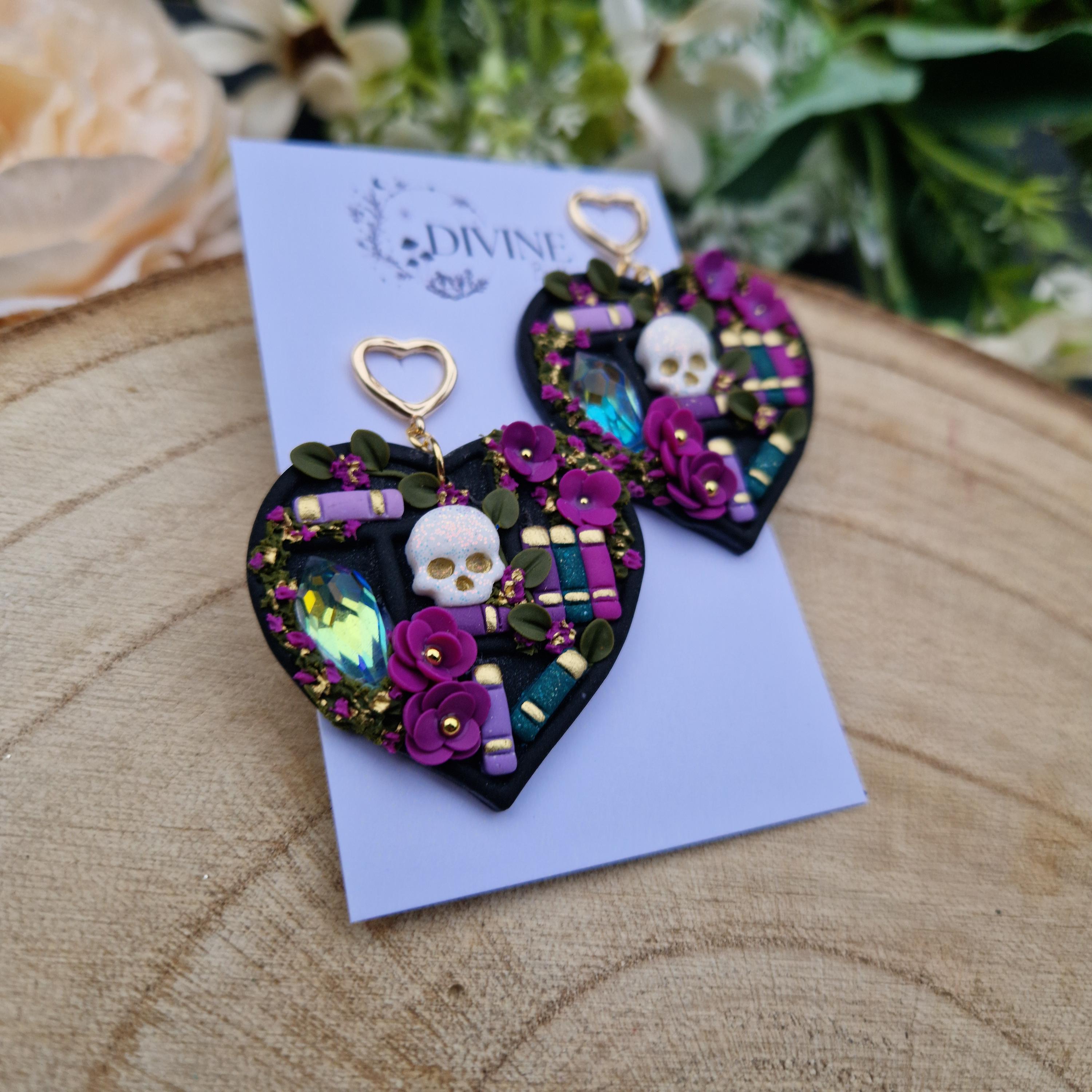 Skull Heart Book Earrings: Witchcraft Bookcase Earrings