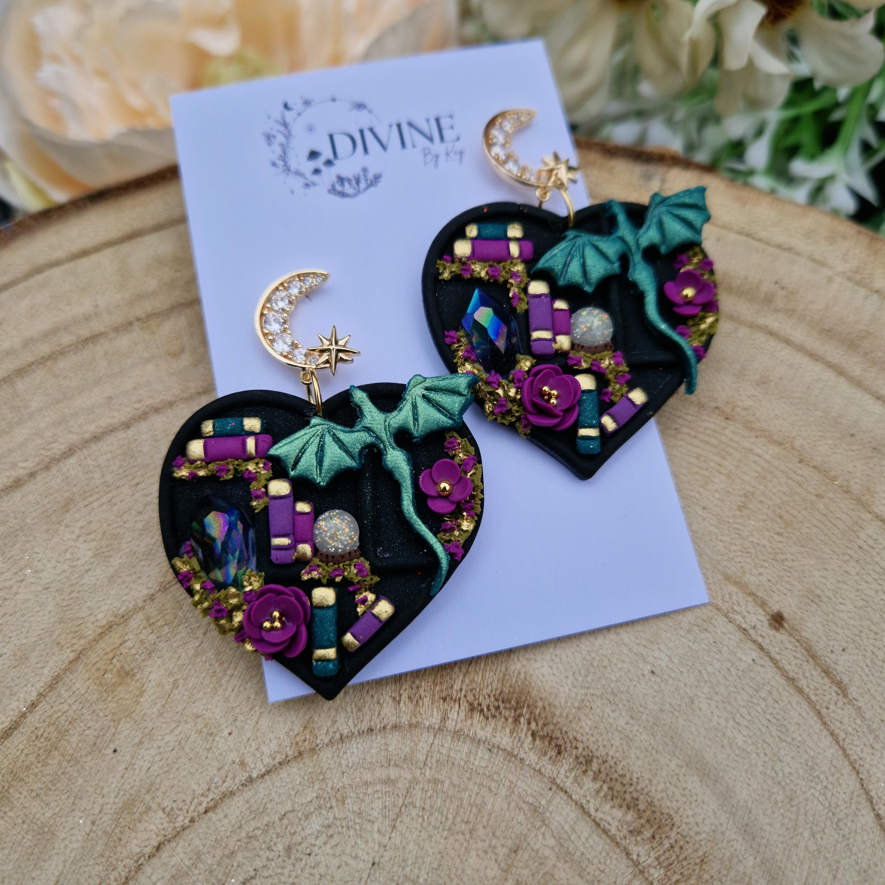 Dragon Heart Bookcase Earrings: Teal, Pink & Purple - Book Lover Gift