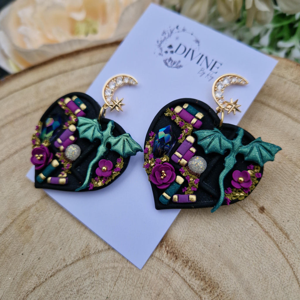 Dragon Heart Bookcase Earrings: Teal, Pink & Purple - Book Lover Gift