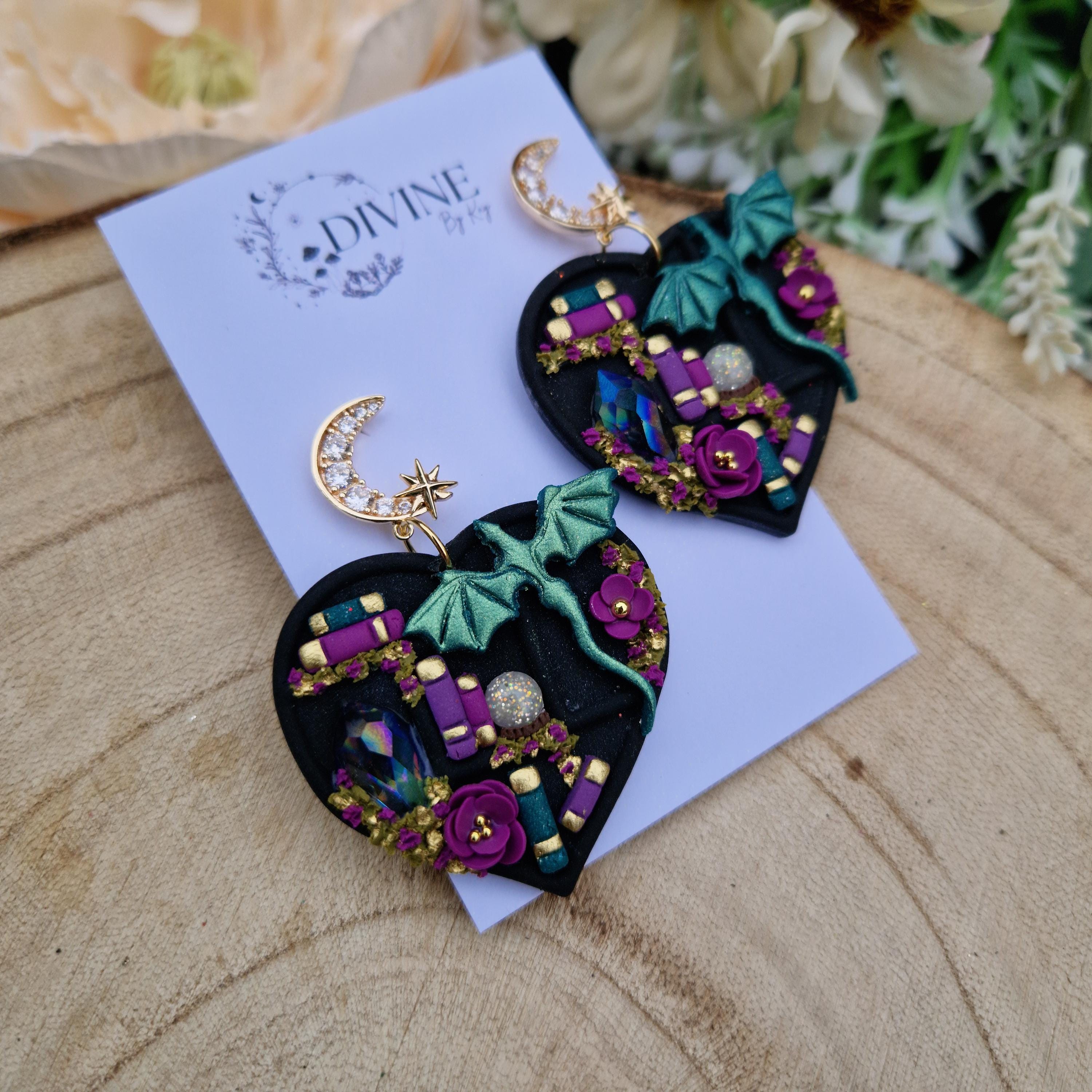 Dragon Heart Bookcase Earrings: Teal, Pink & Purple - Book Lover Gift