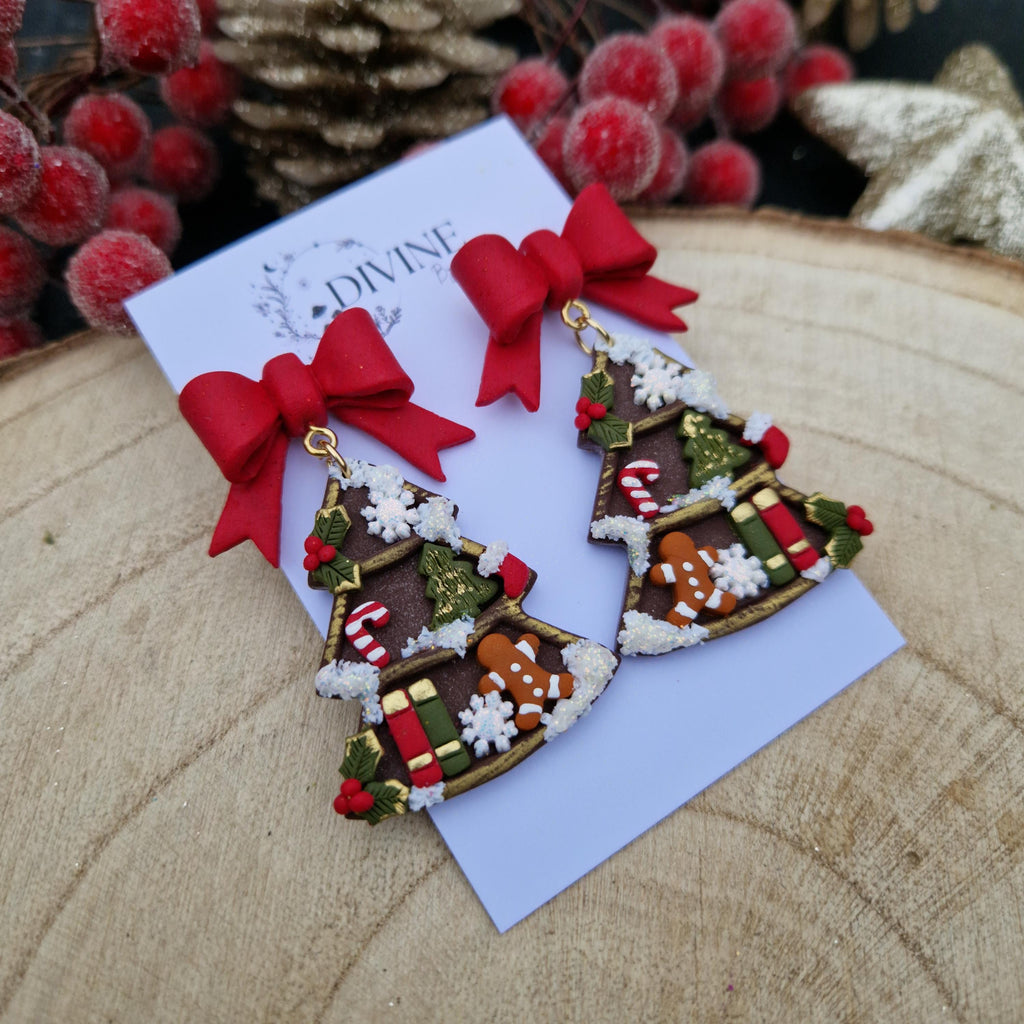 Christmas Tree Bookshelf Earrings: Vintage Holiday Clay Earrings