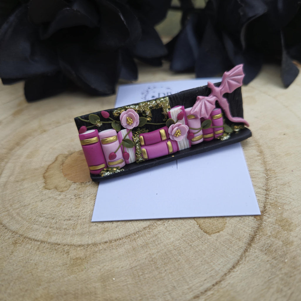 Handmade Clay Bookshelf Hair Clip: Dragon Bookworm Gift