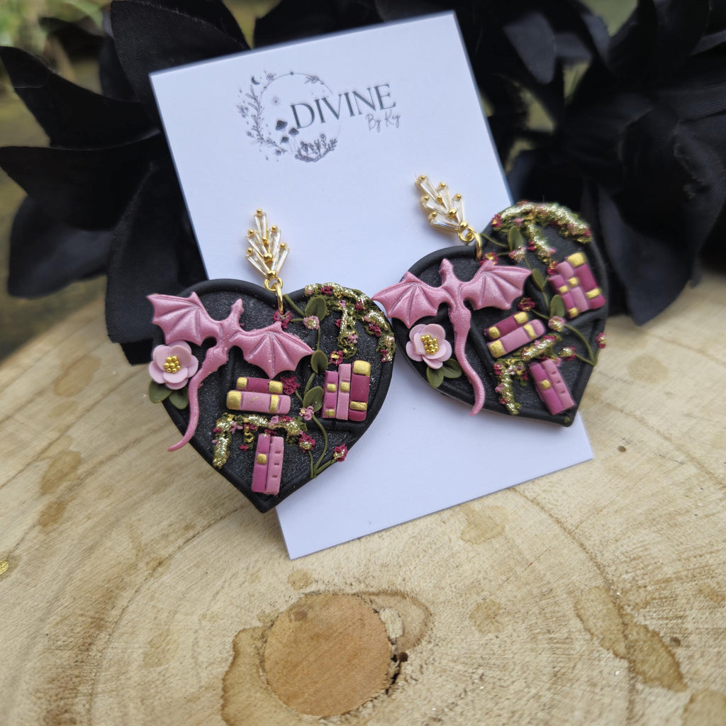 Dragon Heart Book Earrings: Teal Pink Purple Bookshelf Earrings